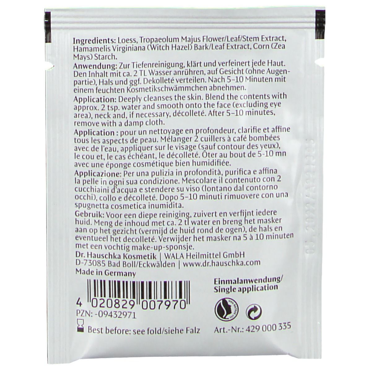 Sachet blanc à usage unique. Ingrédients et instructions d'utilisation imprimés. Marque Dr. Hauschka visible.