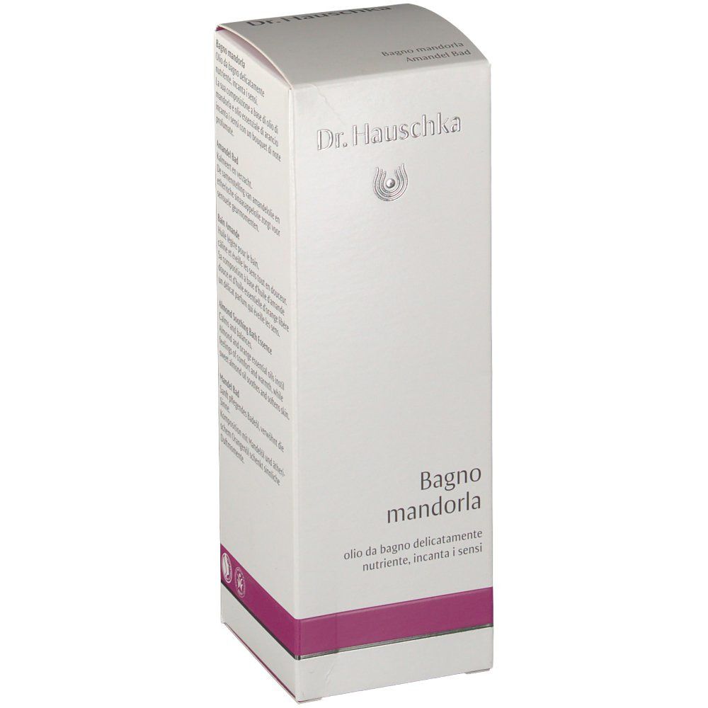 Emballage blanc avec nom du produit "Bain mandorla" et logo. Accent violet. Texte en italien.