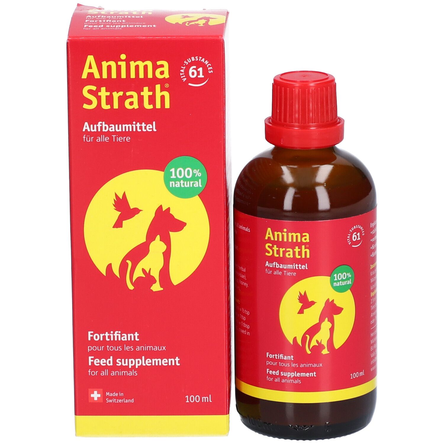 Flacon et emballage du produit. Emballage rouge avec nom du produit, logo et texte. 100% naturel.