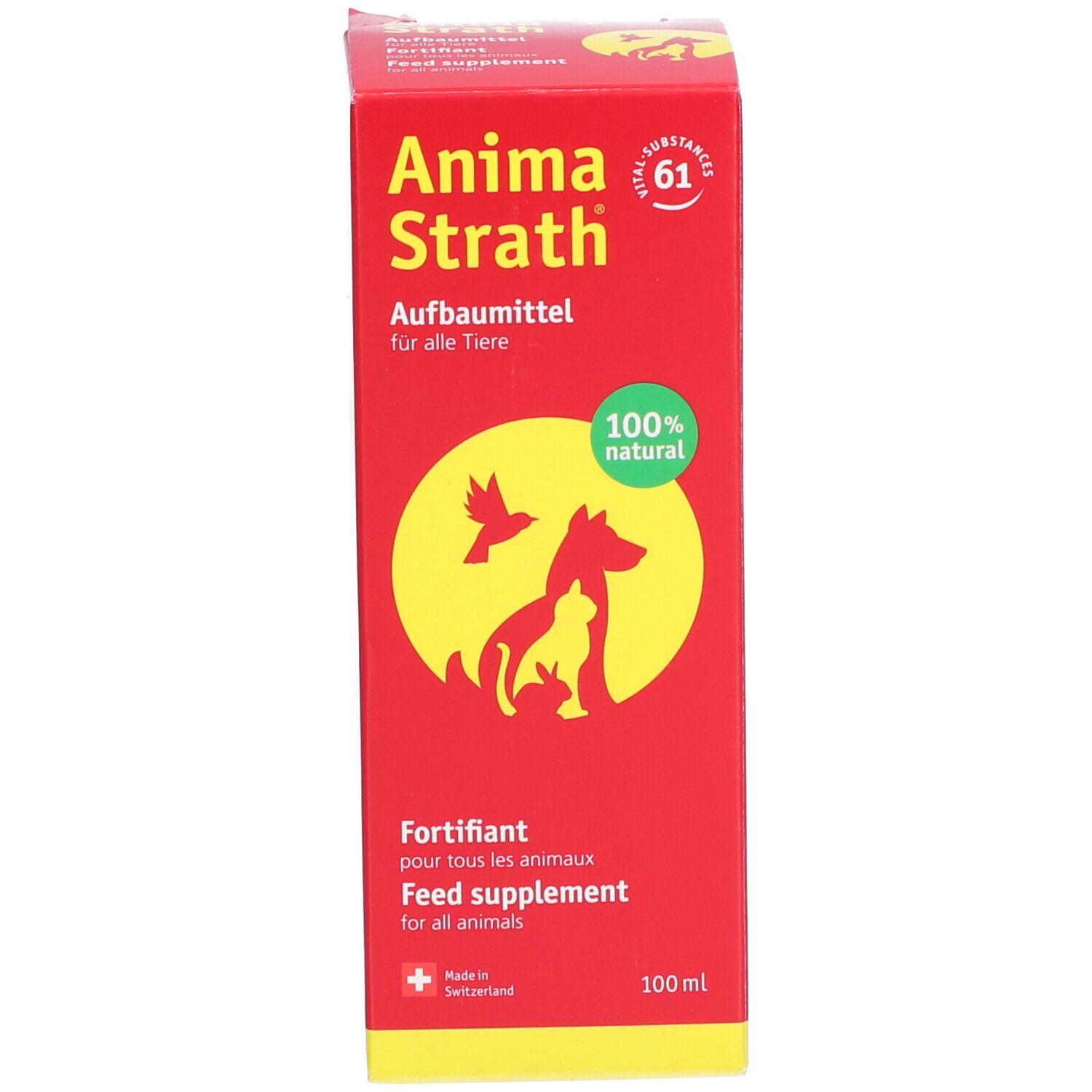 Emballage rouge du produit avec nom, logo et texte. 100% naturel. Contient une image de la bouteille.