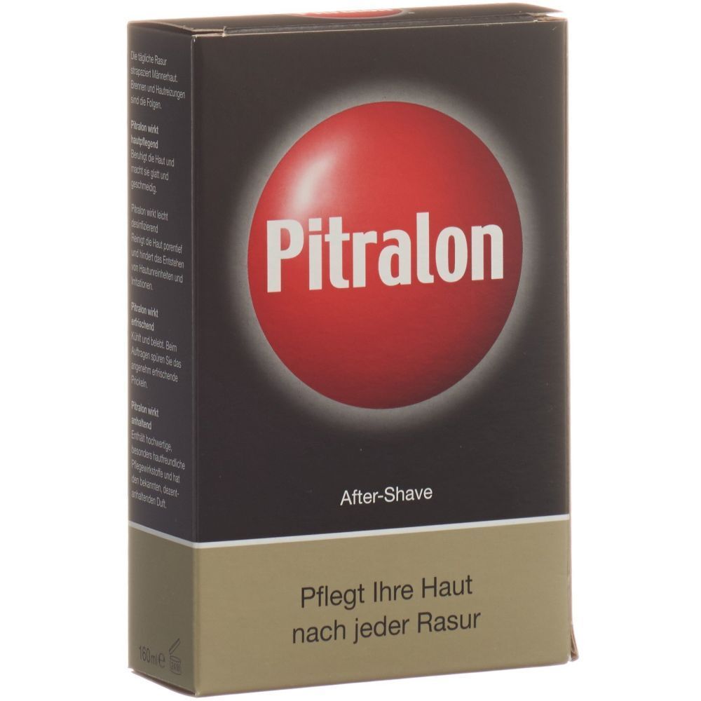 Boîte avec cercle rouge et texte Pitralon. En dessous, After-Shave et texte. Partie inférieure beige.