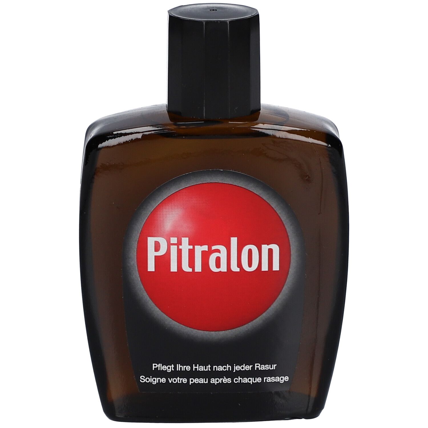 Flacon en verre brun avec bouchon noir. Cercle rouge avec texte Pitralon. Texte en dessous.