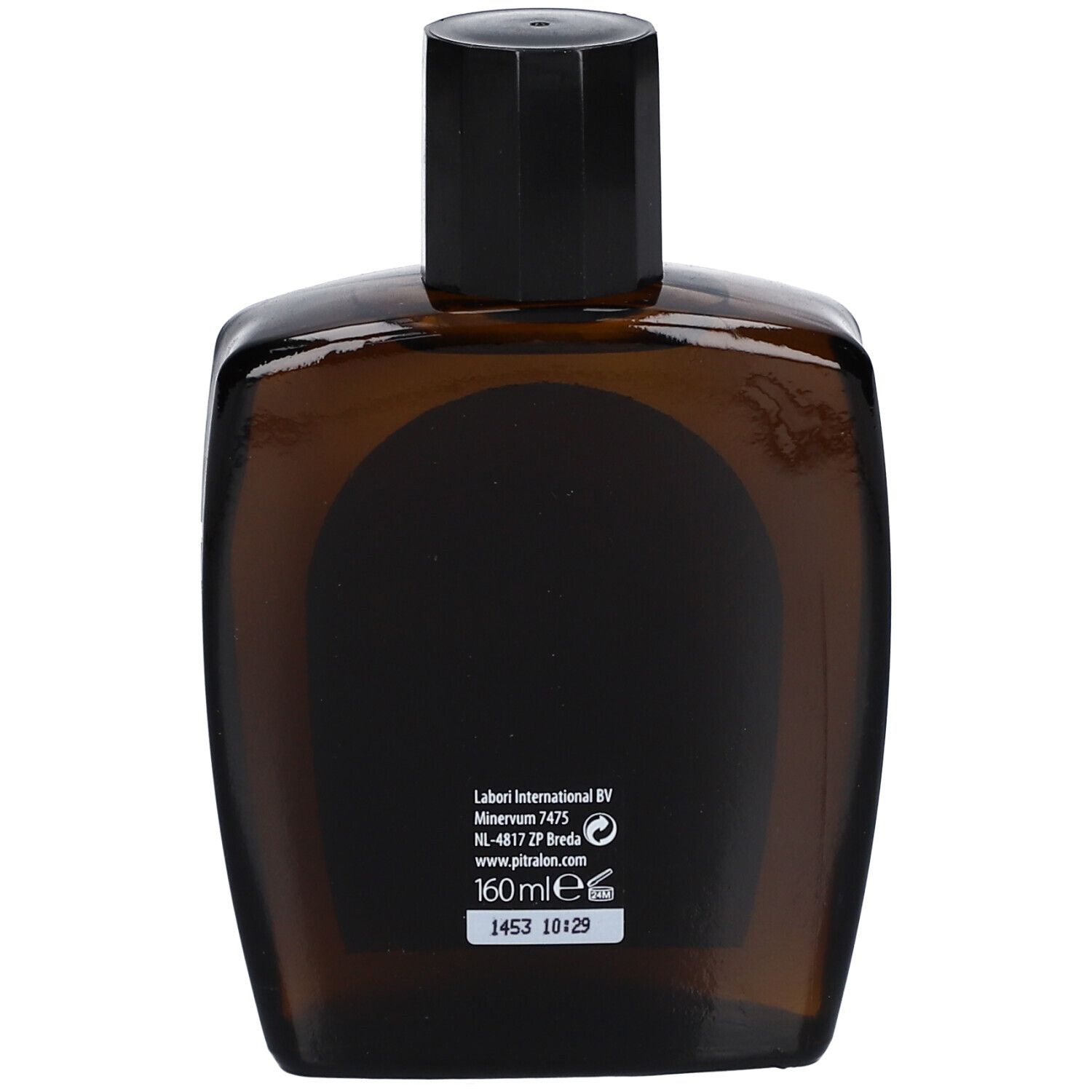 Flacon en verre brun avec bouchon noir. Dos avec texte et logo. En bas, 160ml.