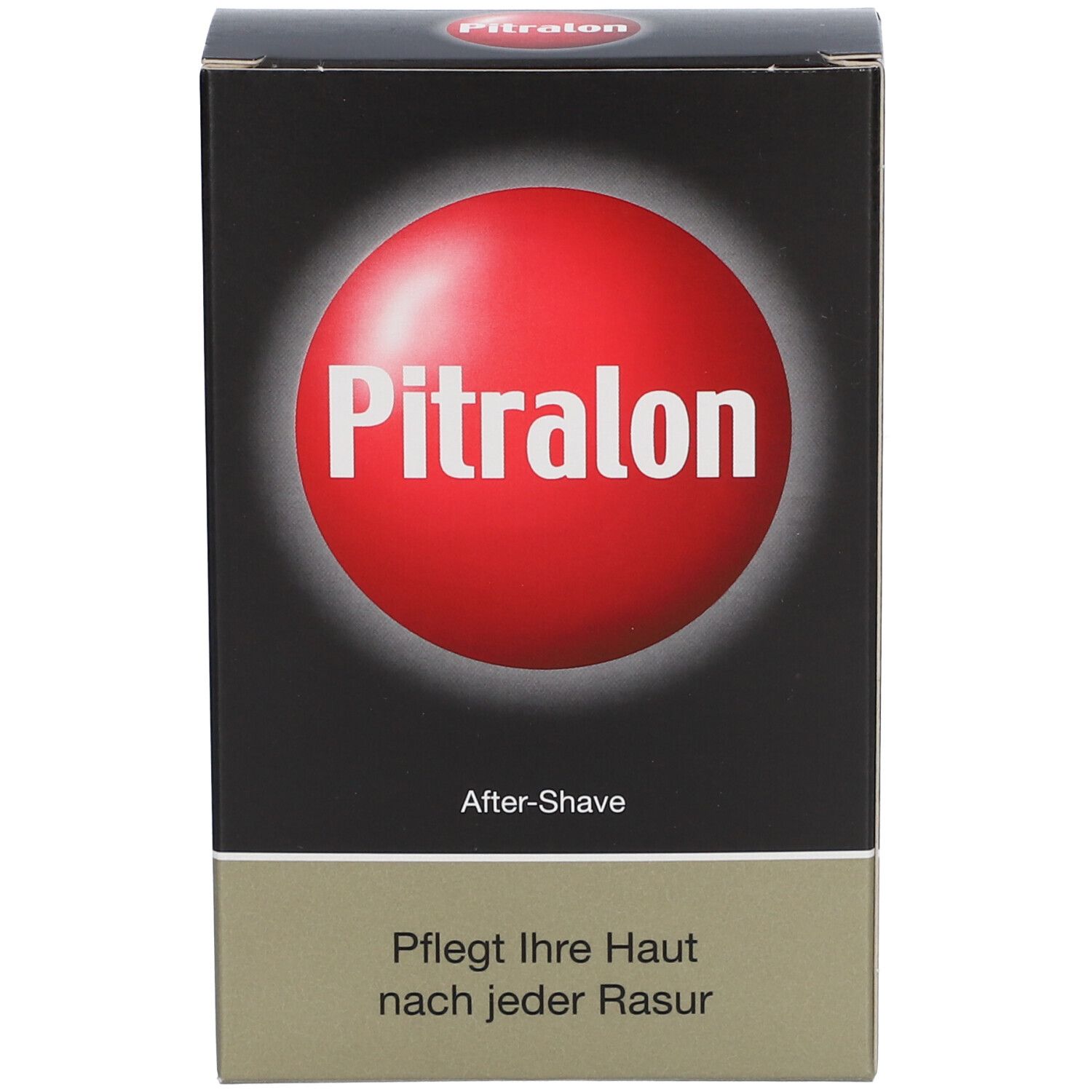 Boîte avec cercle rouge et texte Pitralon. En dessous, After-Shave et texte. Partie inférieure beige.