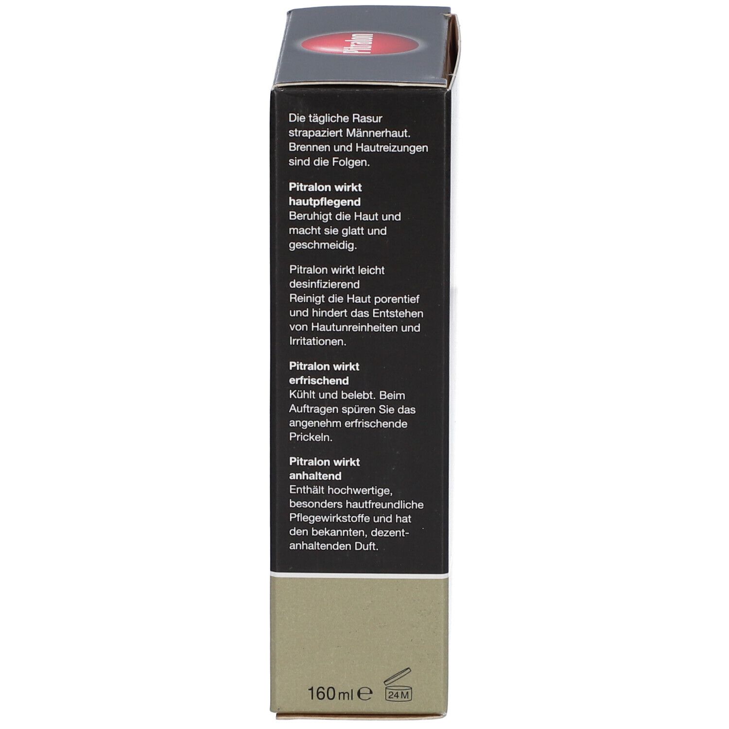 Boîte, côté avec texte. En haut, cercle rouge avec logo. En bas, 160ml.