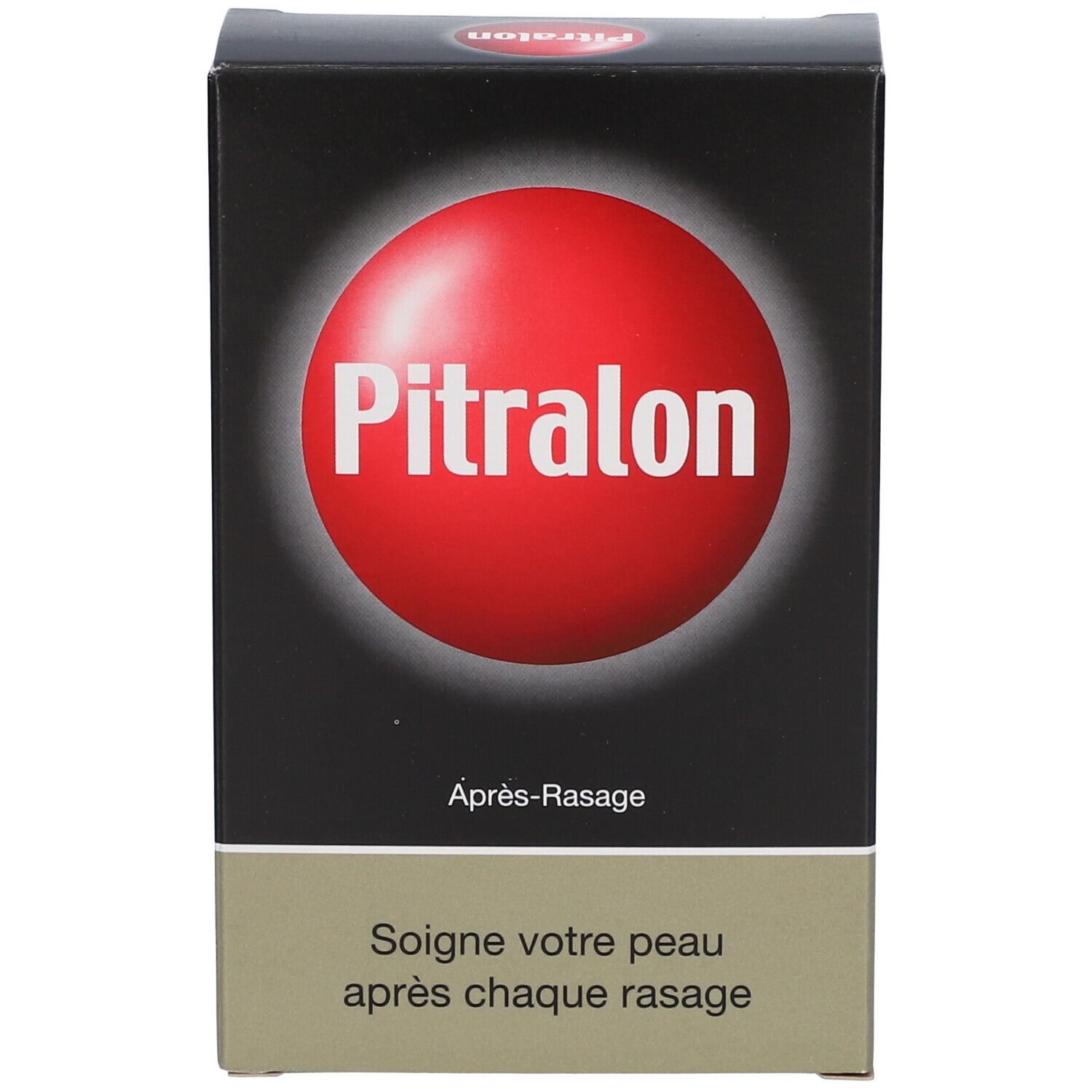 Boîte avec cercle rouge et texte Pitralon. En dessous, Après-Rasage et texte. Partie inférieure beige.