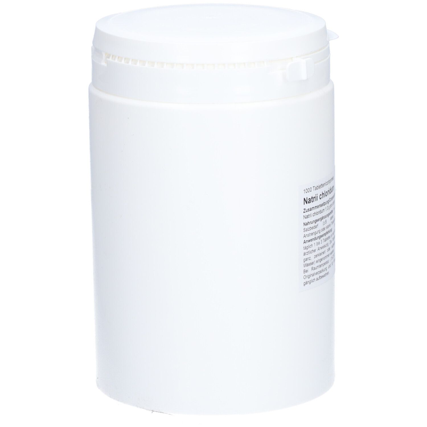 Récipient cylindrique blanc avec couvercle. Étiquette avec informations sur le produit. Couvercle avec fermeture à charnière.