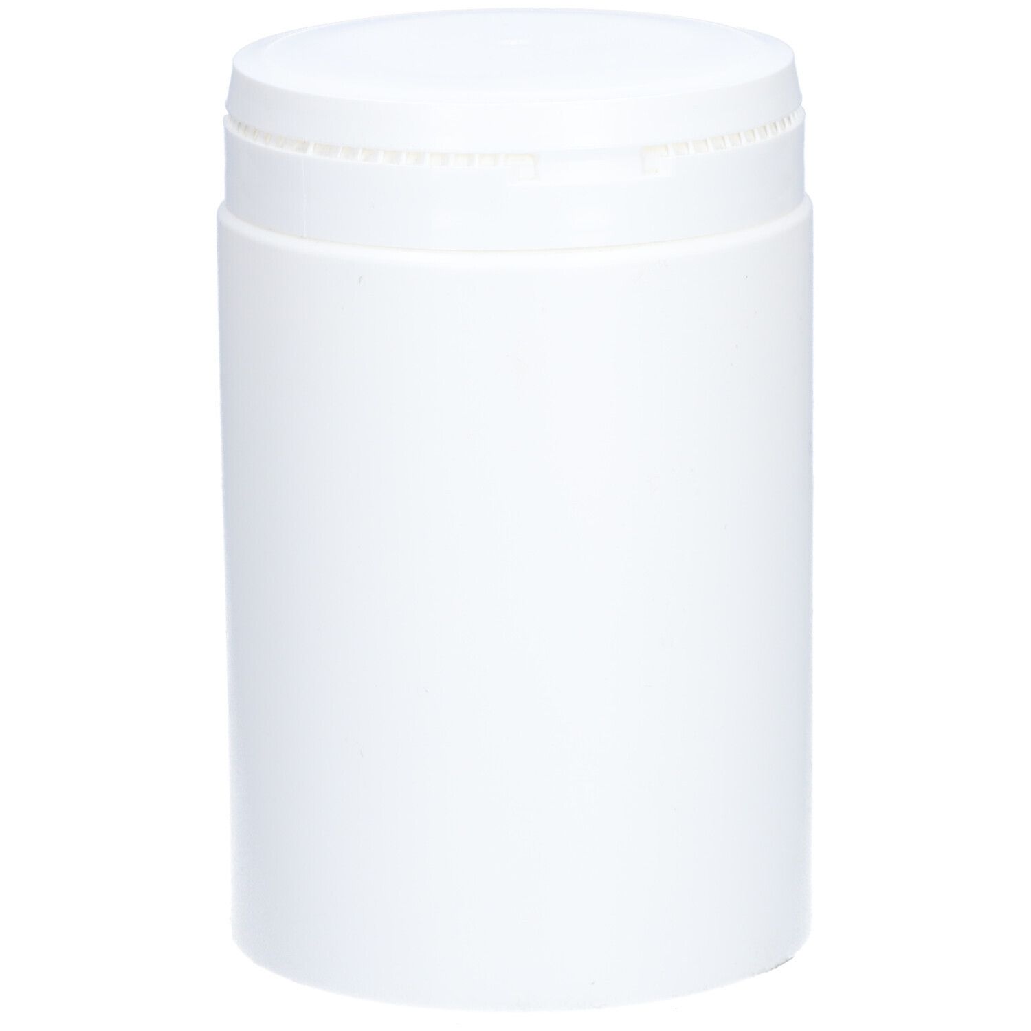 Récipient cylindrique blanc avec couvercle. Couvercle avec fermeture à charnière. Aucune autre inscription visible.