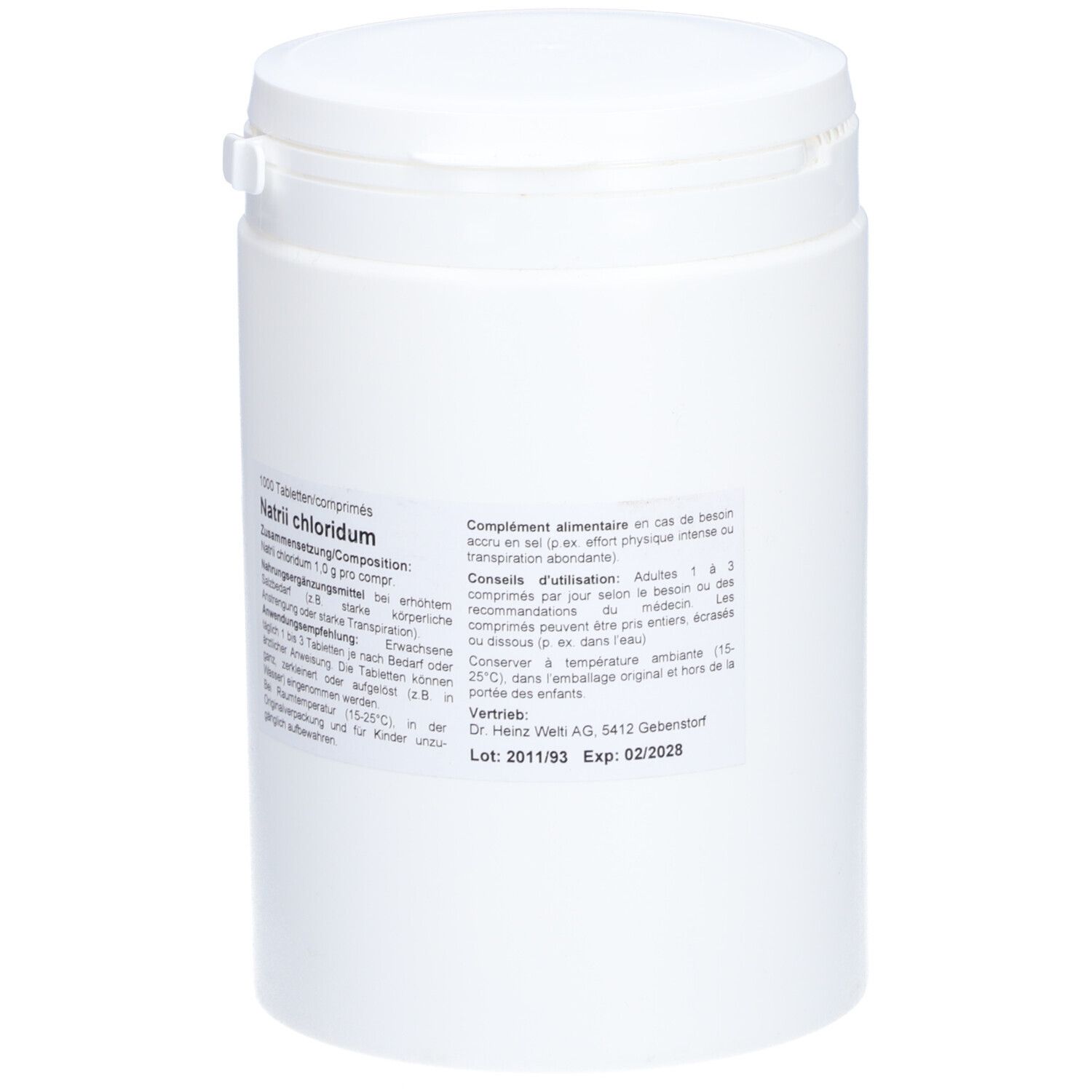 Récipient cylindrique blanc avec couvercle. Étiquette avec informations sur le produit. Inscription : Natrii chloridum.