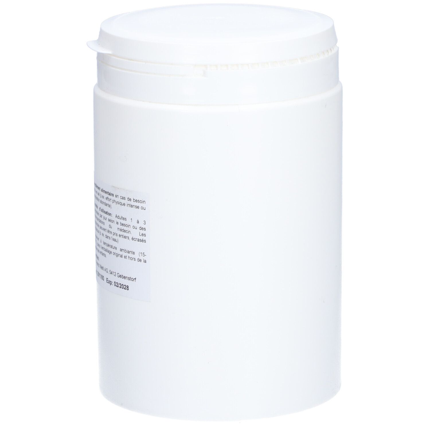 Récipient cylindrique blanc avec couvercle. Étiquette avec informations sur le produit. Couvercle avec fermeture à charnière.