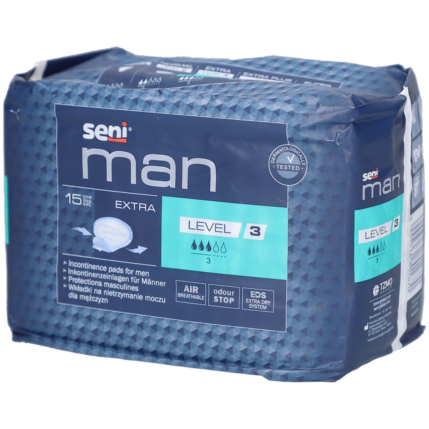 Pack de 15 protections masculines seni® Man Extra Niveau 3 pour incontinence.