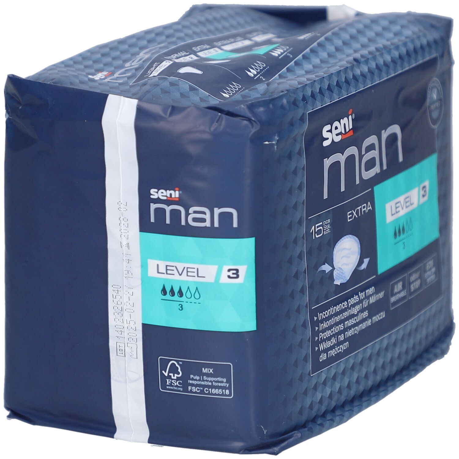 Pack de 15 protections masculines seni® Man Extra Niveau 3, vue latérale.