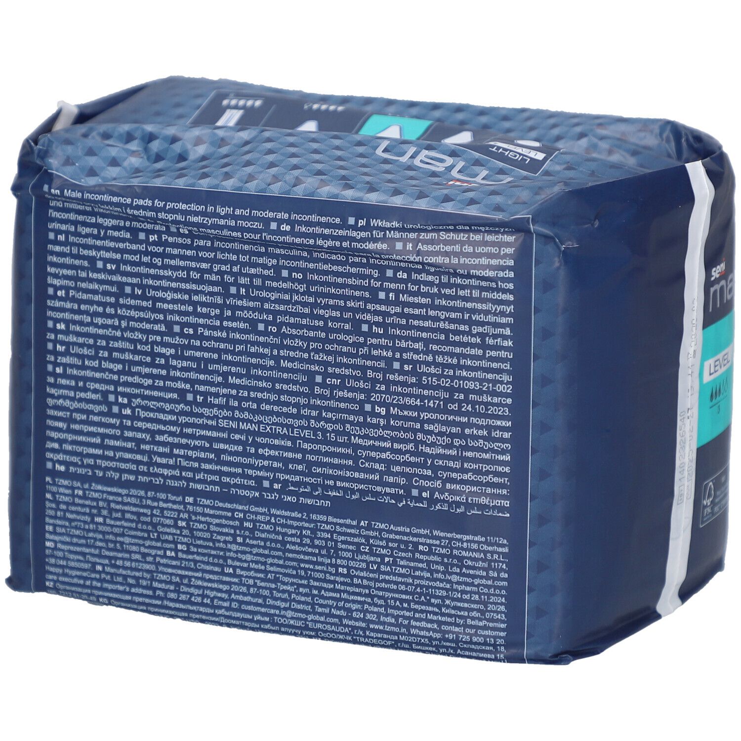 Arrière d'un pack de protections masculines seni® Man Extra Niveau 3 pour incontinence.
