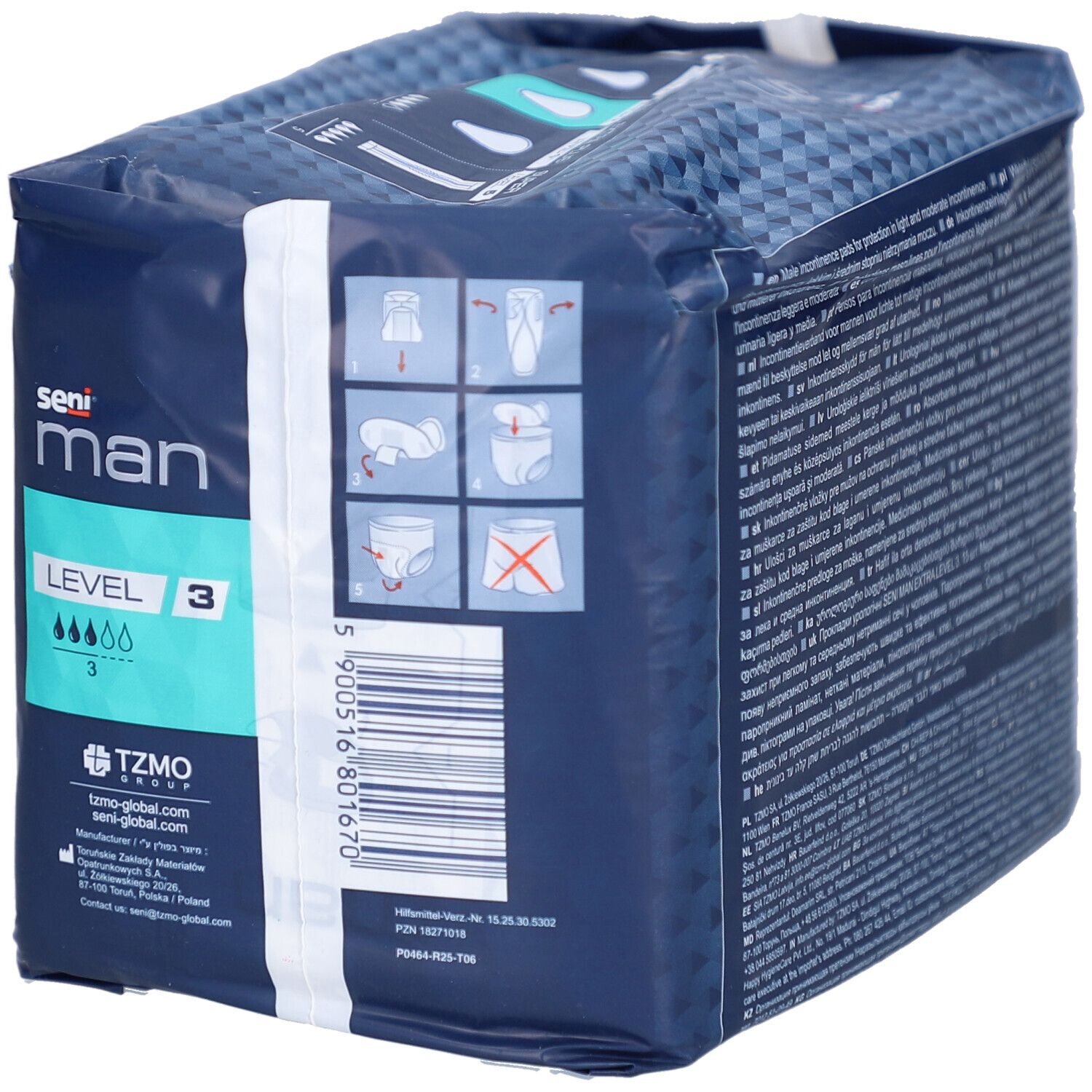 Vue latérale d'un pack de protections masculines seni® Man Extra Niveau 3 pour incontinence.