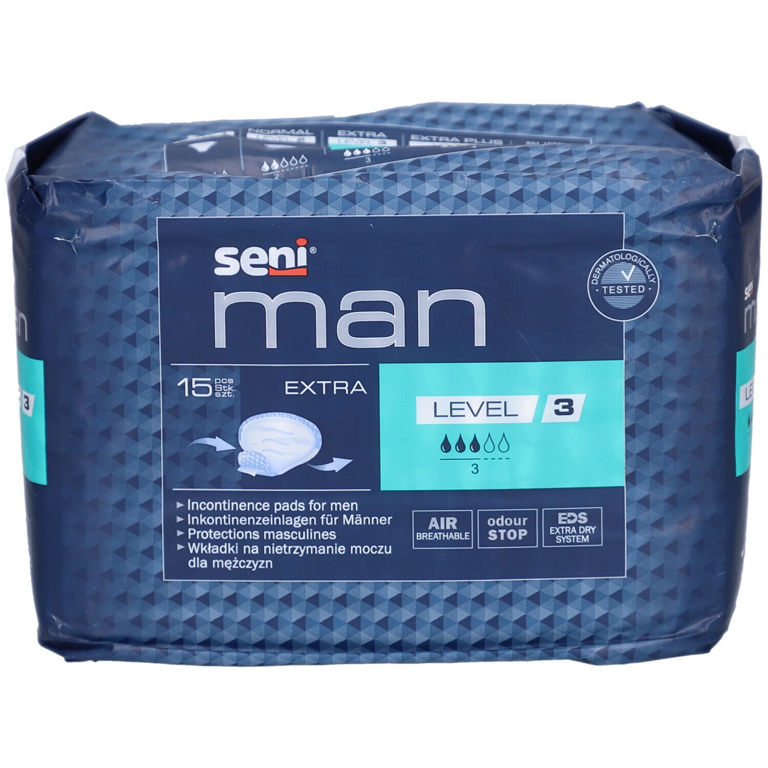 Pack de 15 protections masculines seni® Man Extra Niveau 3 pour incontinence.
