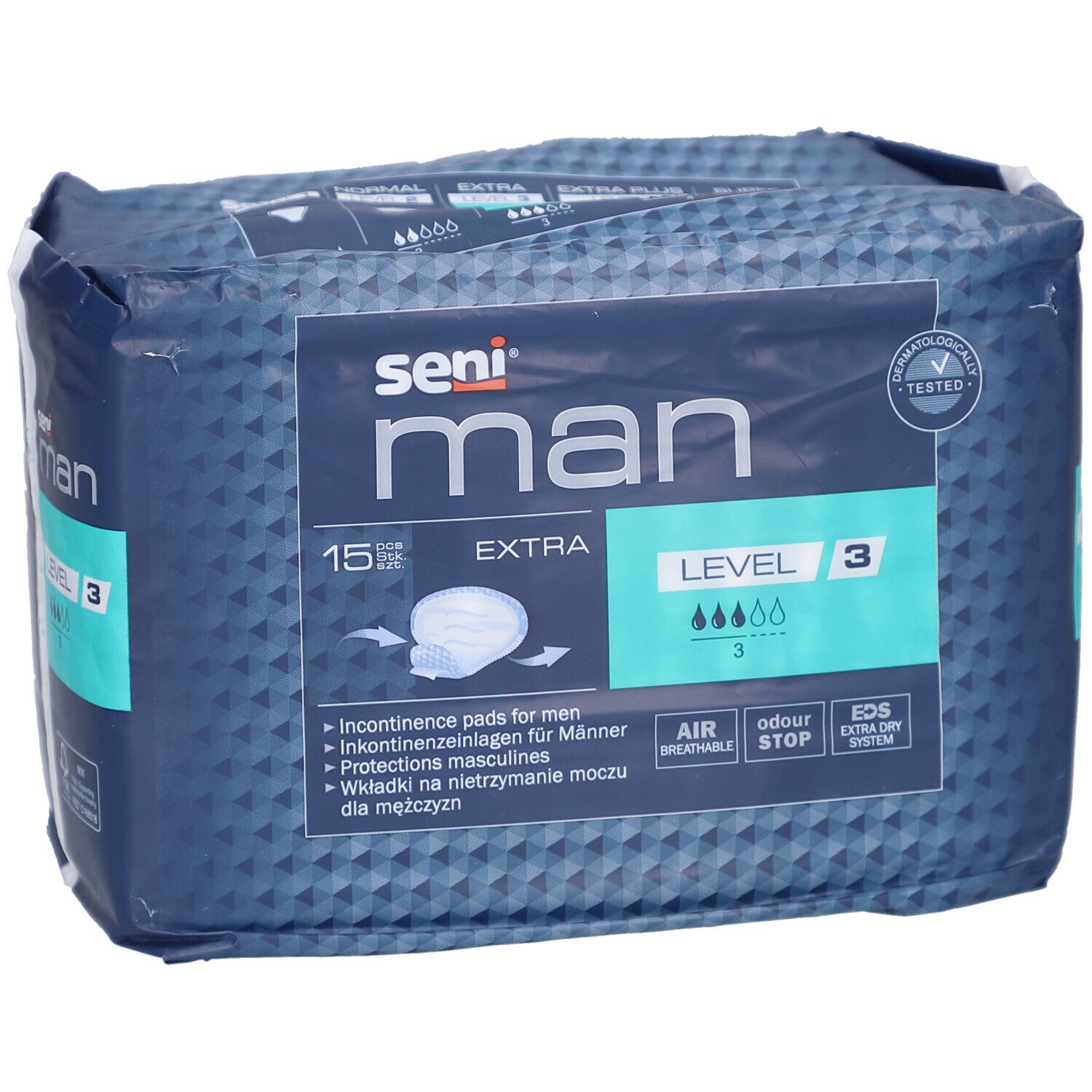 Pack de 15 protections masculines seni® Man Extra Niveau 3 pour incontinence.