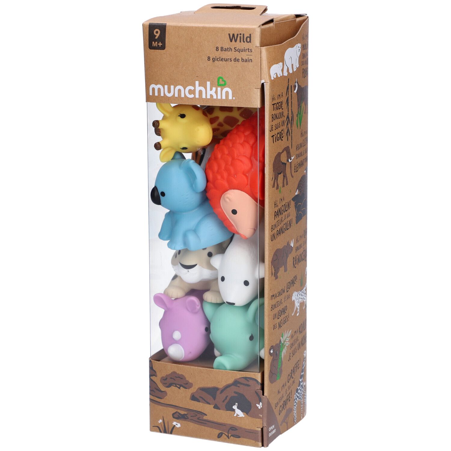 Boîte de 8 jouets de bain animaux. Contient girafe, koala, rhinocéros, léopard, éléphant, pingouin, ours polaire et tigre.