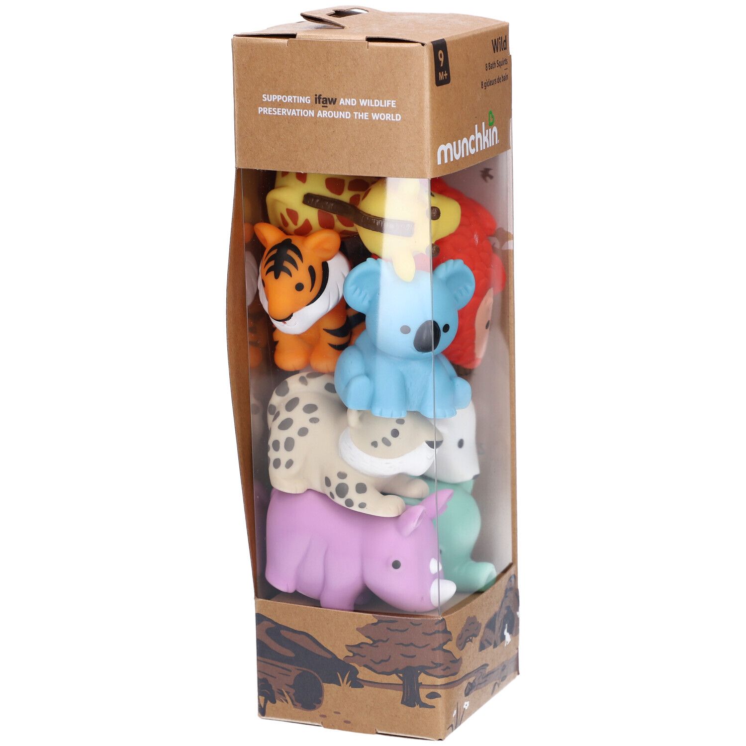 Boîte de 8 jouets de bain animaux. Contient girafe, tigre, koala, léopard, rhinocéros, éléphant, pingouin et ours polaire.