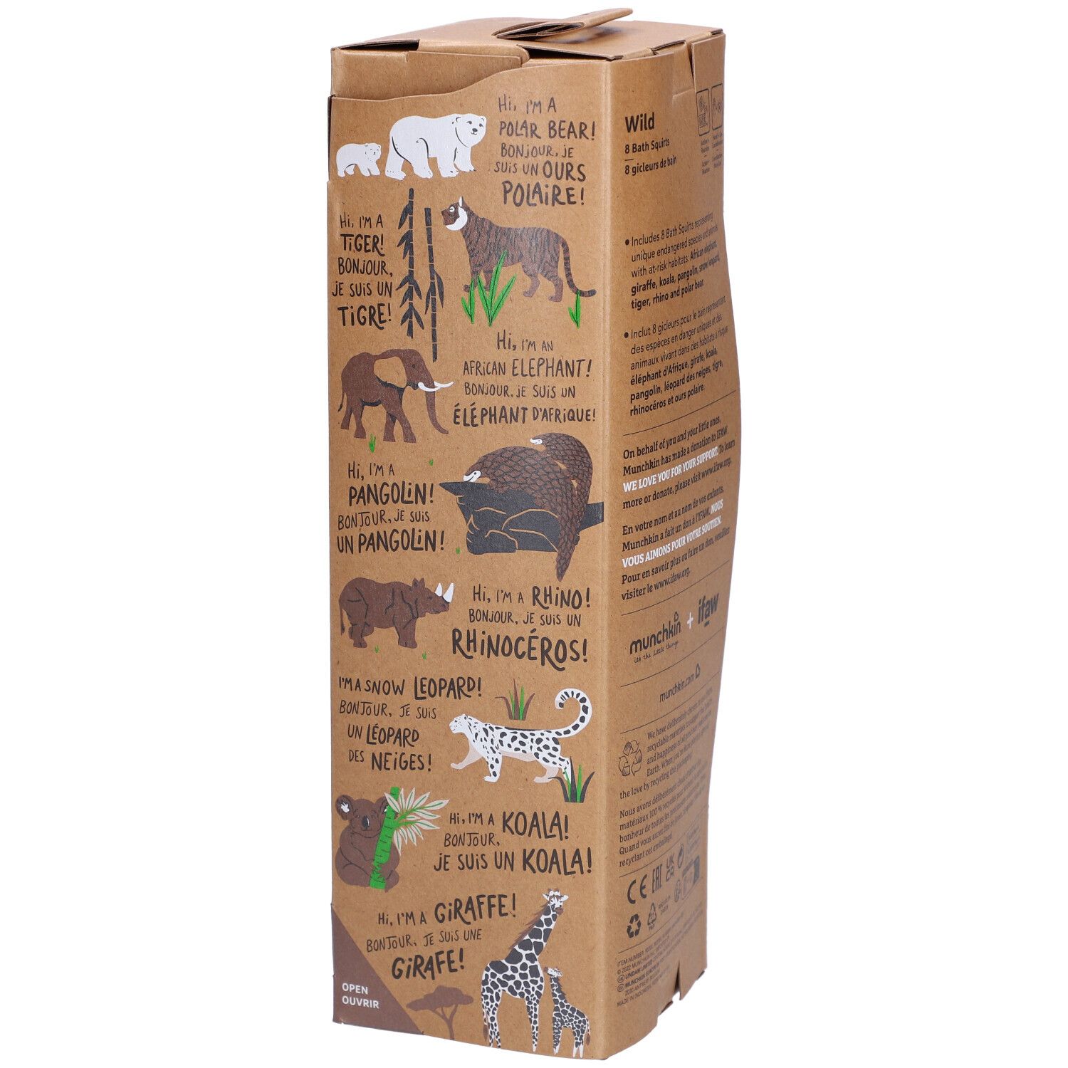 Boîte de 8 jouets de bain animaux. Contient girafe, koala, rhinocéros, léopard, éléphant, pingouin, ours polaire et tigre.