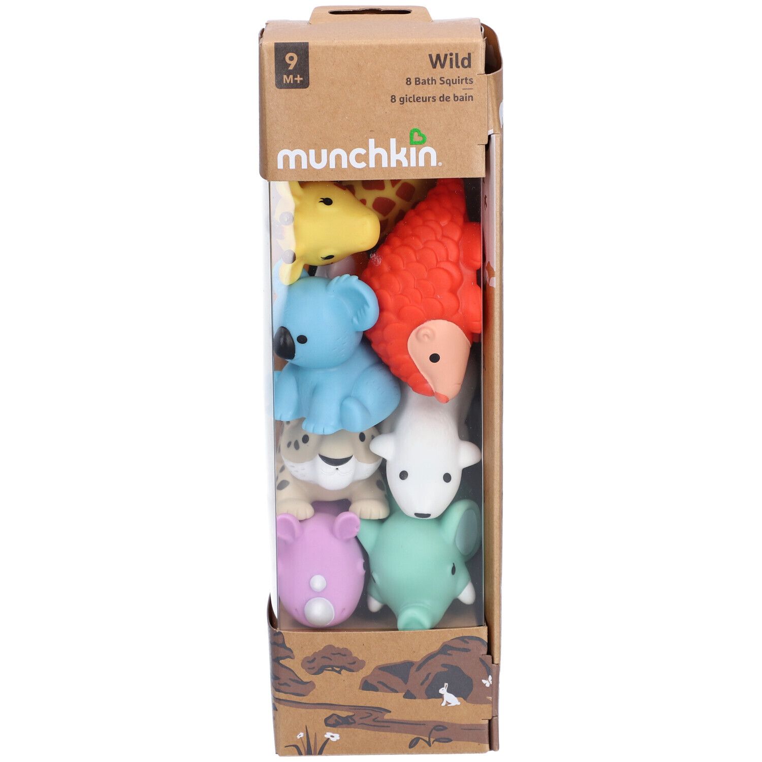 Boîte de 8 jouets de bain animaux. Contient girafe, koala, rhinocéros, léopard, éléphant, pingouin, ours polaire et tigre.