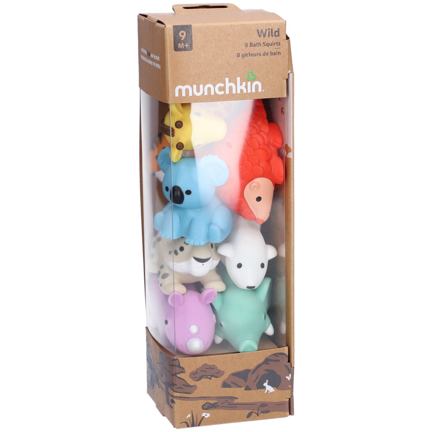 Boîte de 8 jouets de bain animaux. Contient girafe, koala, rhinocéros, léopard, éléphant, pingouin, ours polaire et tigre.