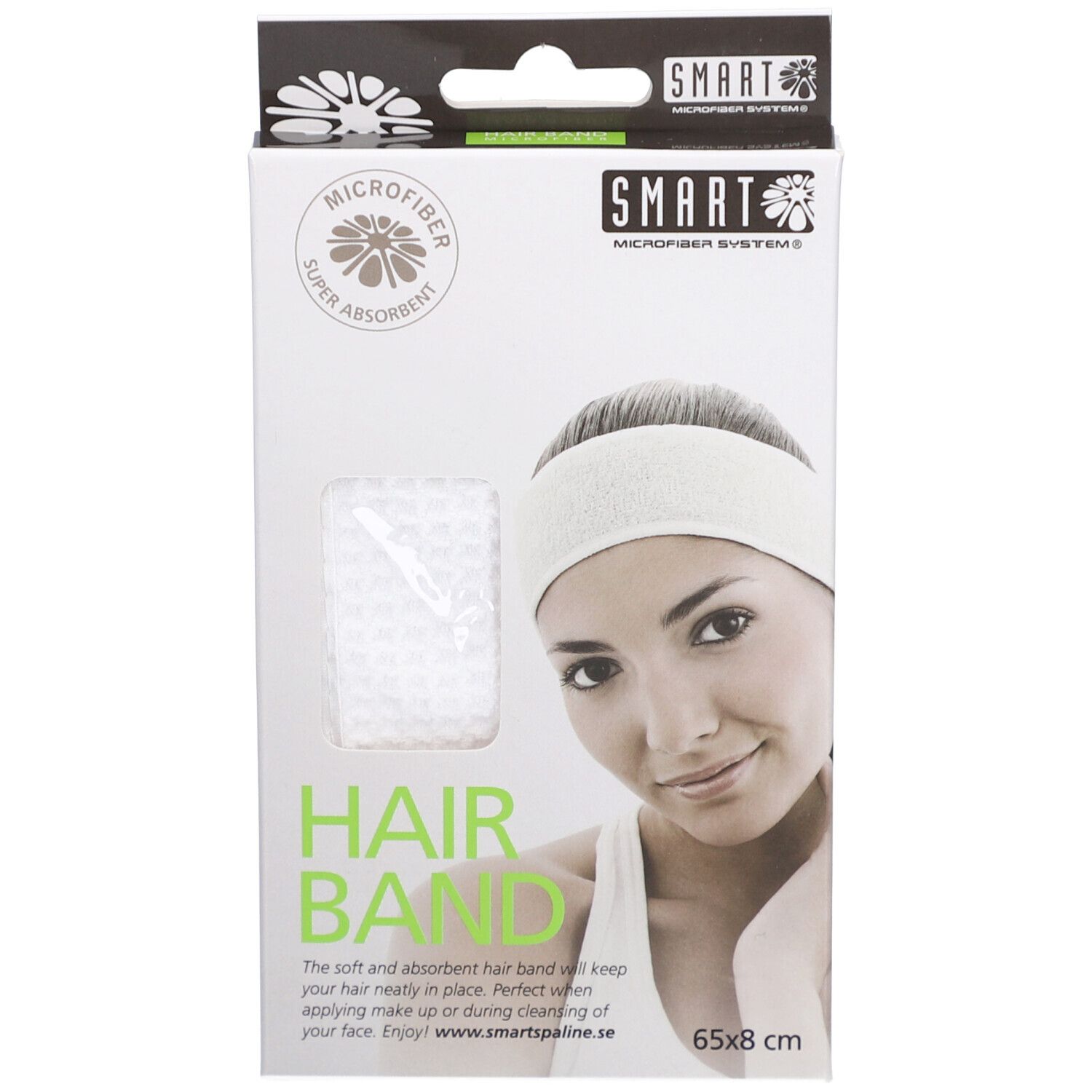 Emballage avec bandeau blanc. Marque SMART. Inscription: MICROFIBER, HAIR BAND, 65x8 cm. Illustration d'une femme portant un bandeau.