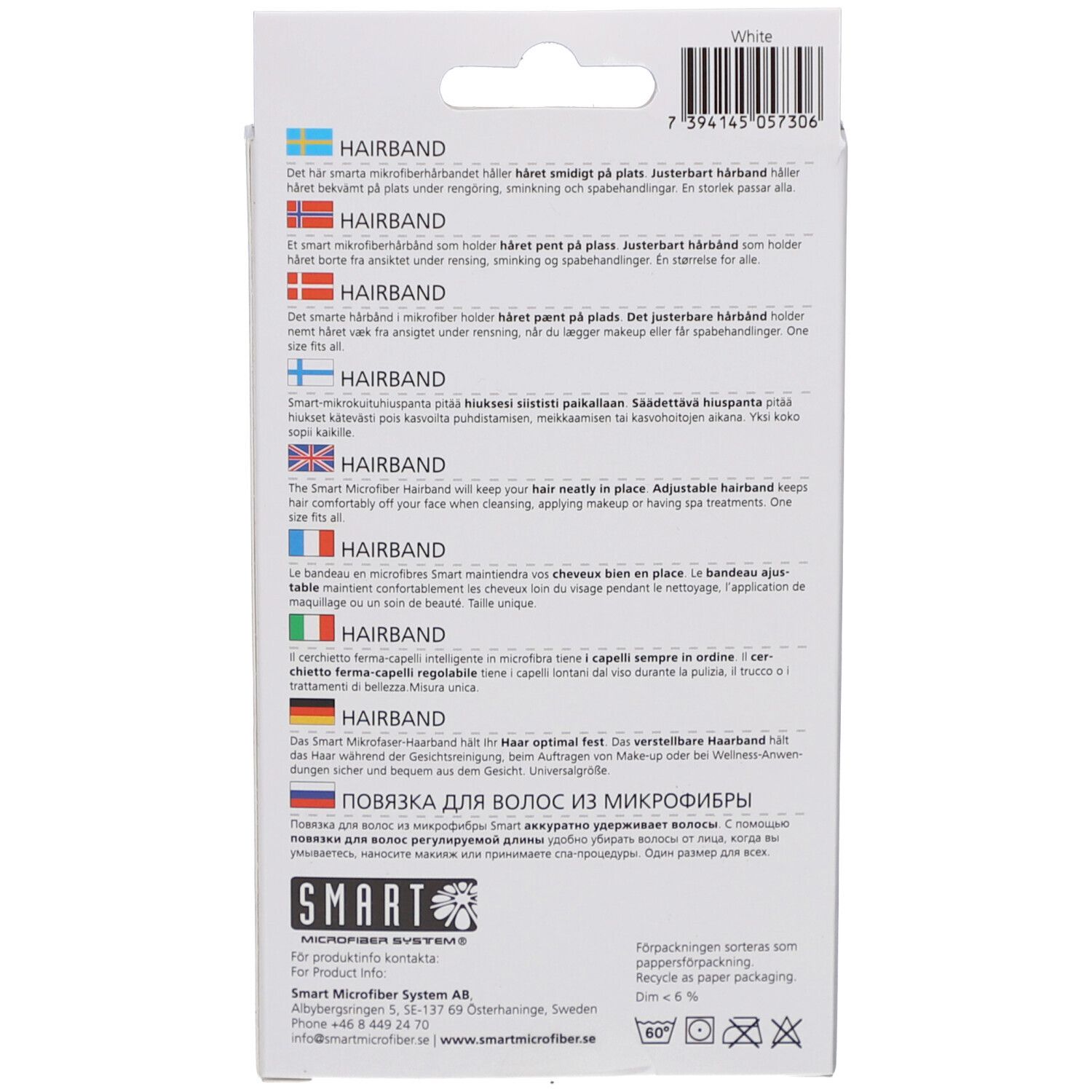 Dos de l'emballage. Texte multilingue. Marque SMART. Certification Oeko-Tex Standard 100. Code-barres.