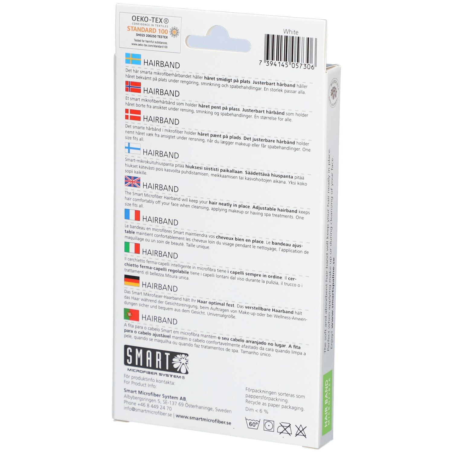 Emballage, vue latérale. Texte multilingue. Marque SMART. Certification Oeko-Tex Standard 100.