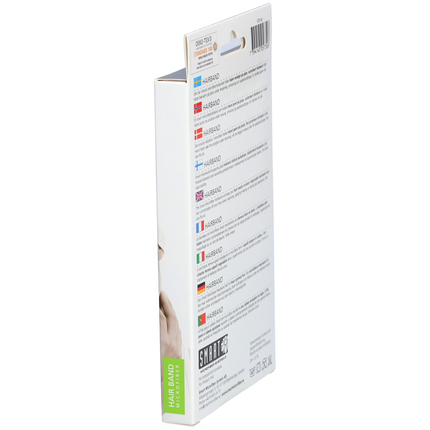 Emballage, vue latérale. Texte multilingue. Marque SMART.