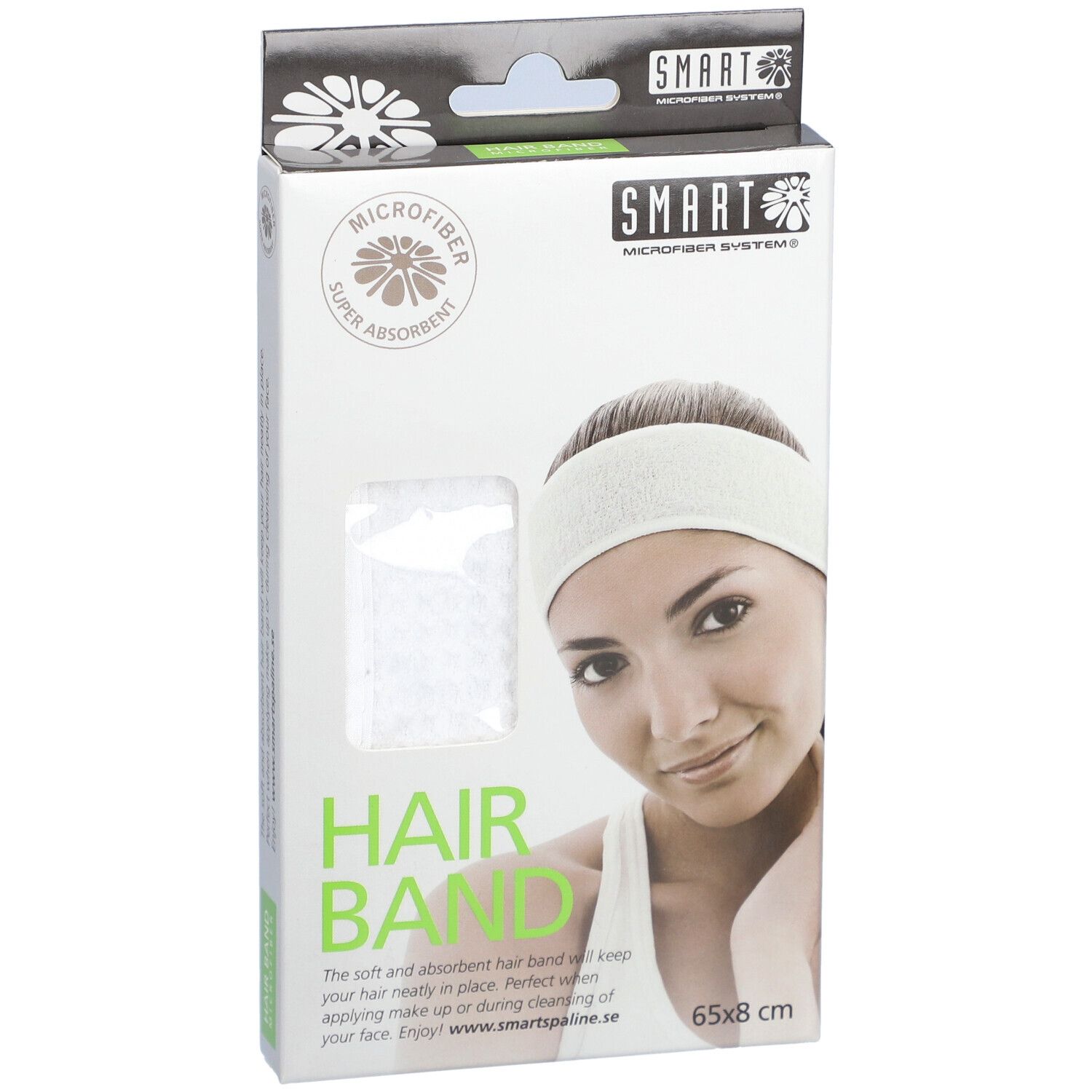 Emballage avec bandeau blanc. Marque SMART. Inscription: MICROFIBER, HAIR BAND, 65x8 cm. Illustration d'une femme portant un bandeau.