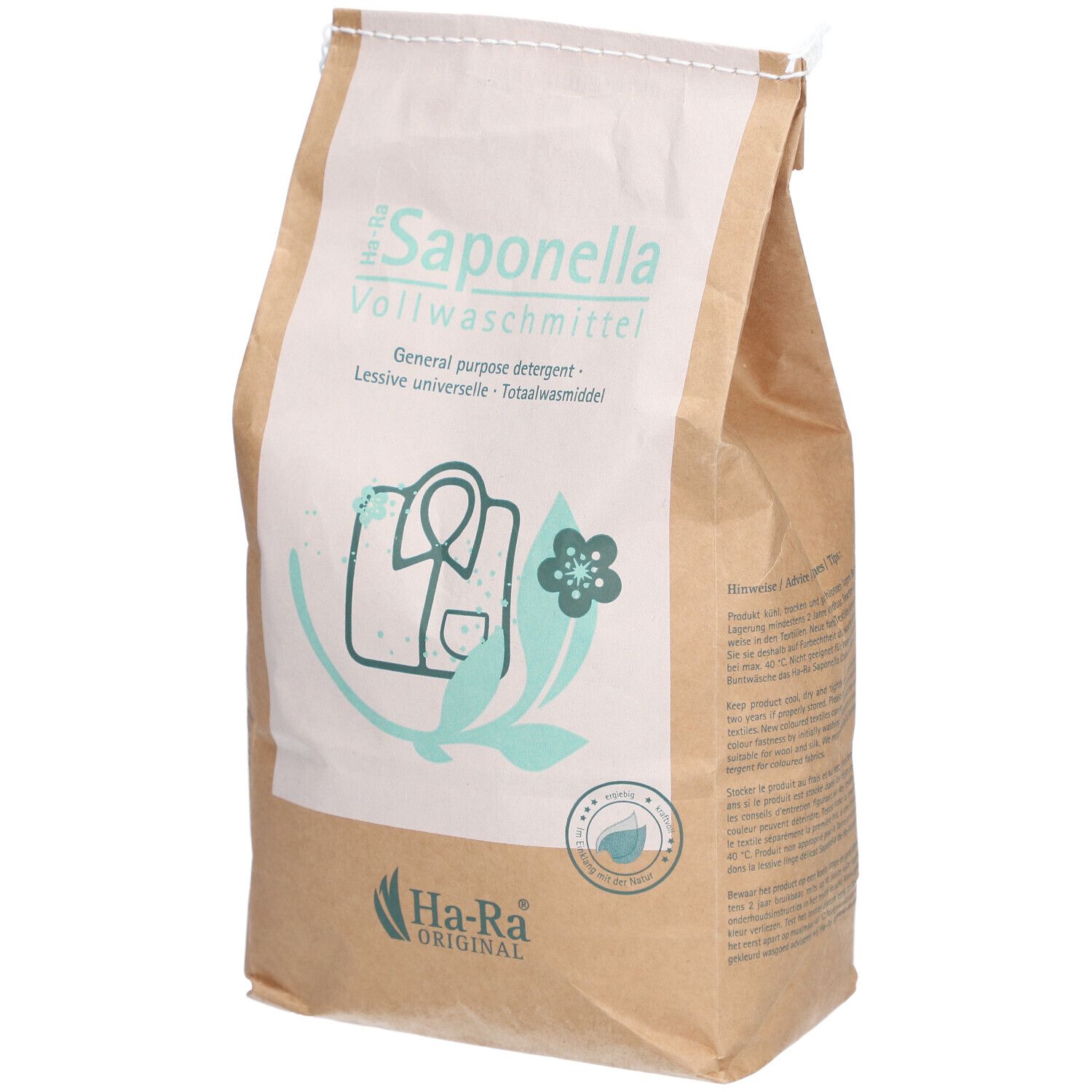 Sac en papier brun avec impression. Texte: Saponella Vollwaschmittel, Ha-Ra Original. Illustration: chemise, fleur.