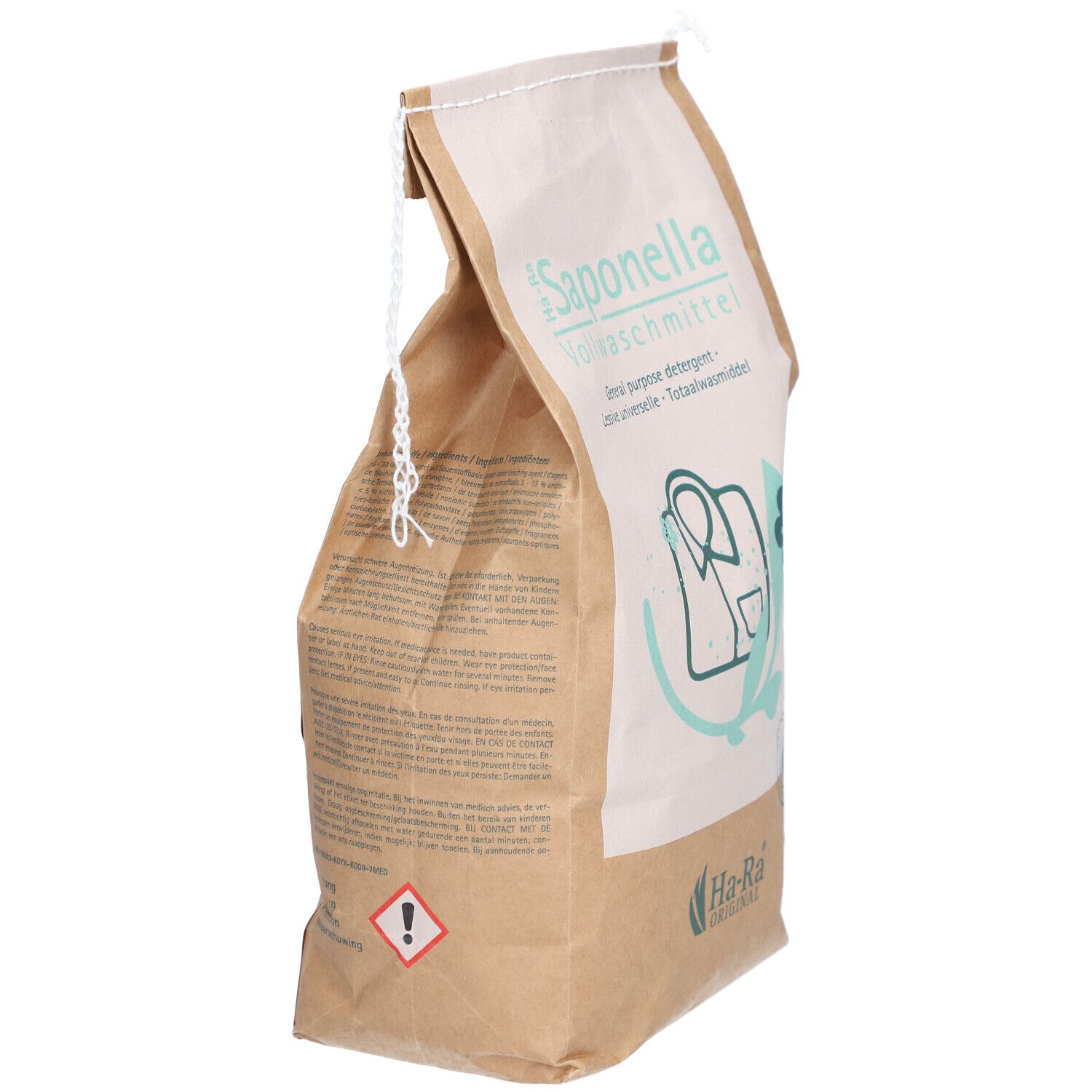 Sac en papier brun, vue latérale. Texte: Saponella Vollwaschmittel, Ha-Ra Original. Illustration: chemise. Symbole d'avertissement.
