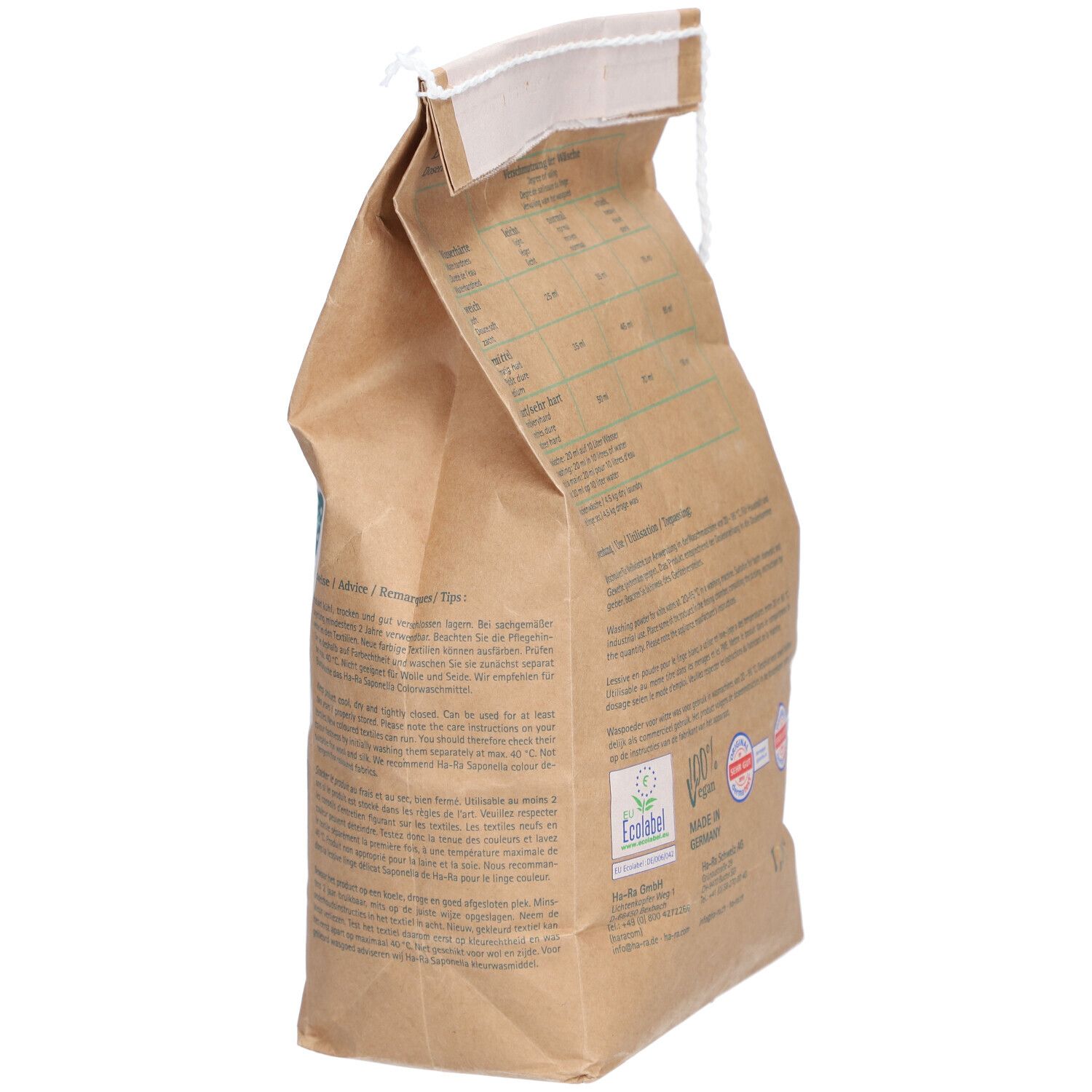 Sac en papier brun, vue latérale. Texte et labels. Labels: EcoLabel, Made in Germany. Symbole d'avertissement.