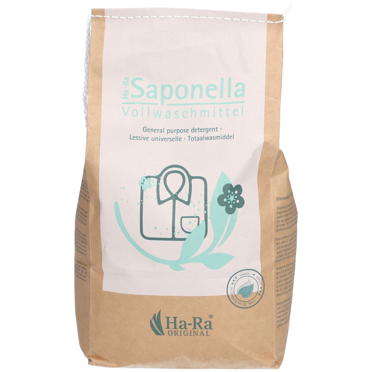 Sac en papier brun avec impression. Texte: Saponella Vollwaschmittel, Ha-Ra Original. Illustration: chemise, fleur.