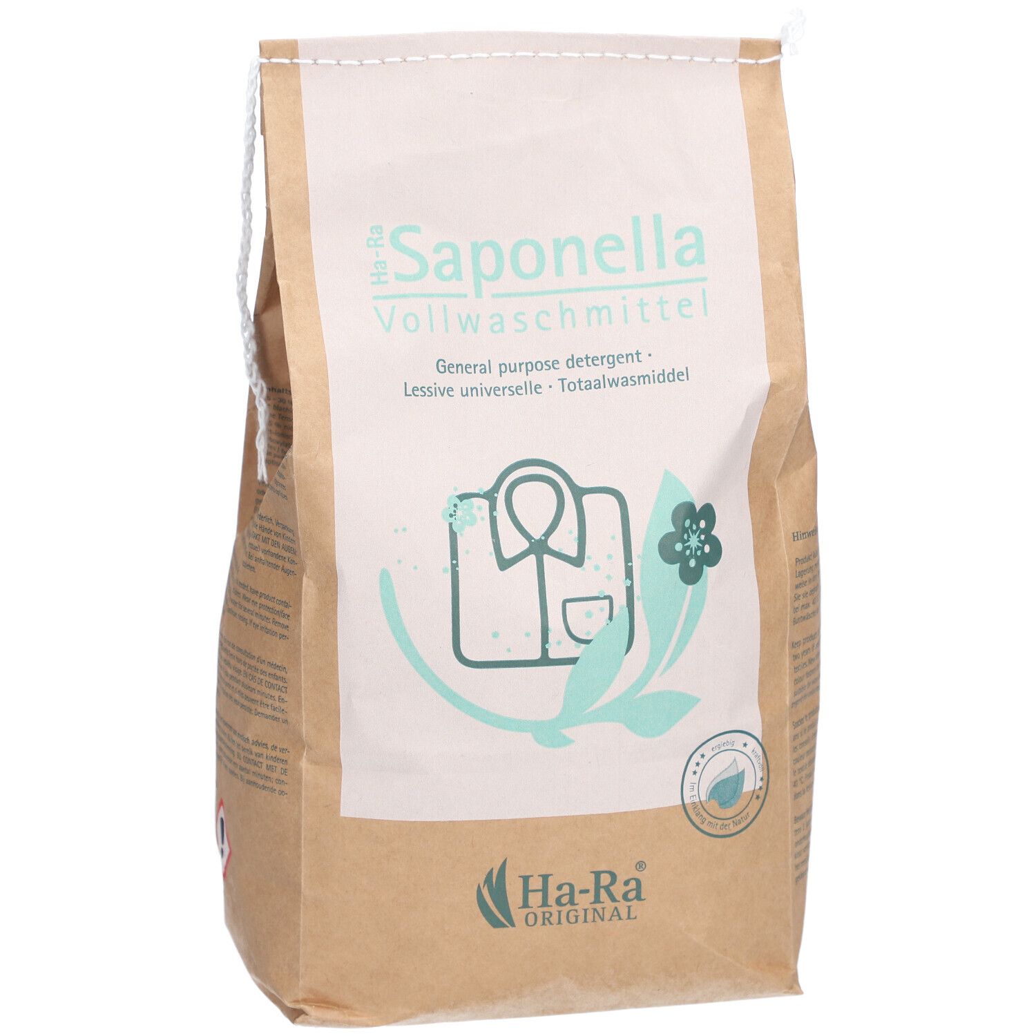Sac en papier brun avec impression. Texte: Saponella Vollwaschmittel, Ha-Ra Original. Illustration: chemise, fleur.