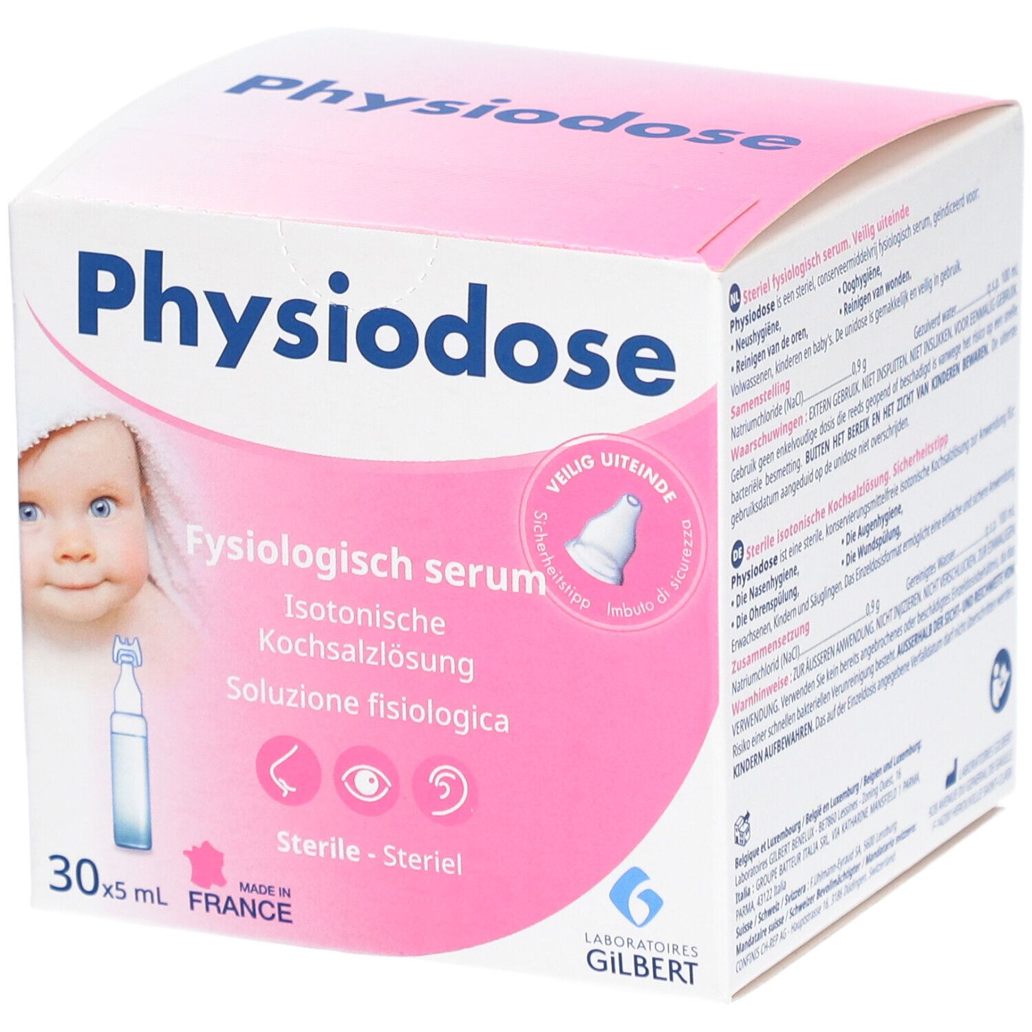 Boîte rose et blanche PHYSIODOSE. Contient 30 ampoules de 5 ml. Image d'un bébé. Inscriptions en allemand, français, italien.