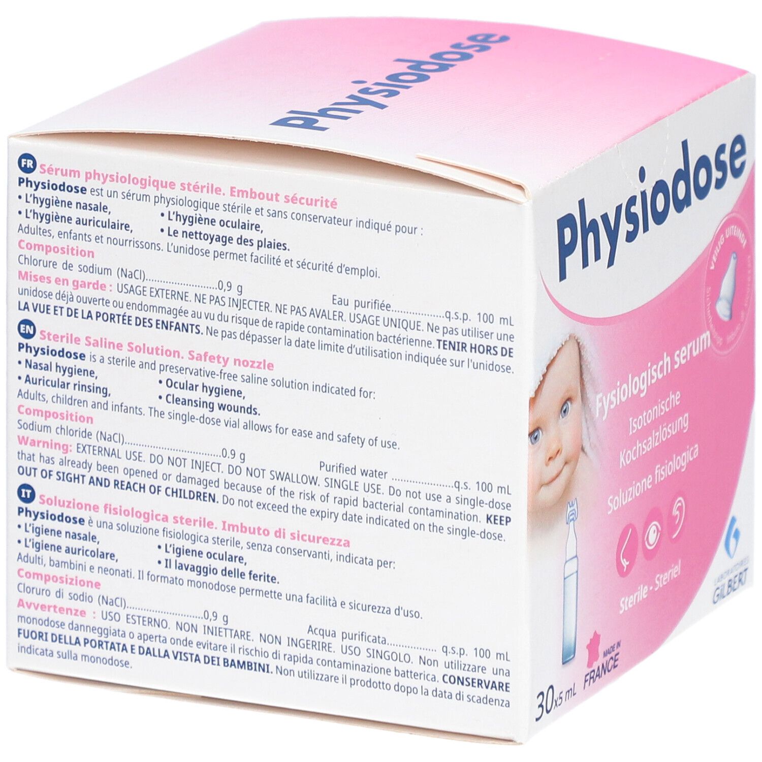 Emballage PHYSIODOSE. Boîte rose et blanche avec texte multilingue. Contient 30 ampoules. Image d'un bébé.