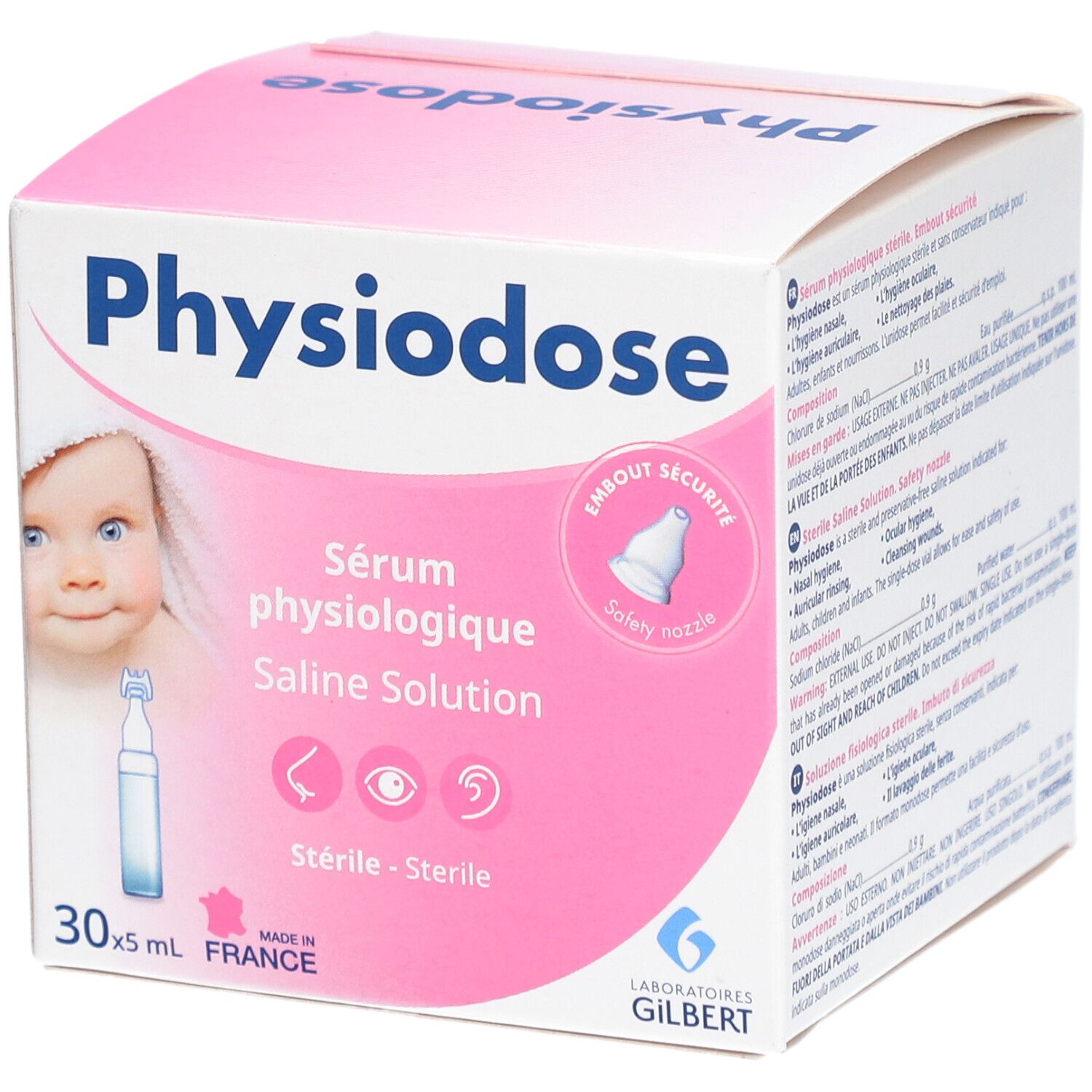 Boîte rose et blanche PHYSIODOSE. Contient 30 ampoules. Texte en allemand, français, italien. Image d'un bébé.