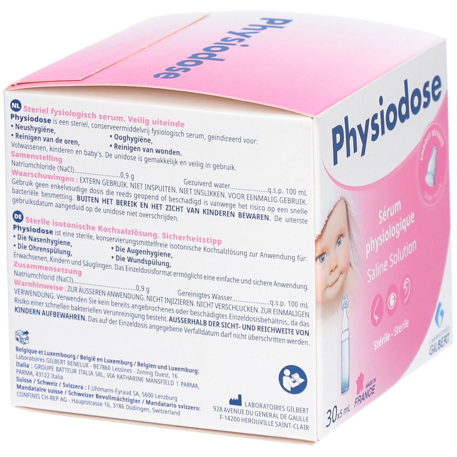 Emballage PHYSIODOSE. Boîte rose et blanche avec texte multilingue. Contient 30 ampoules. Image d'un bébé.