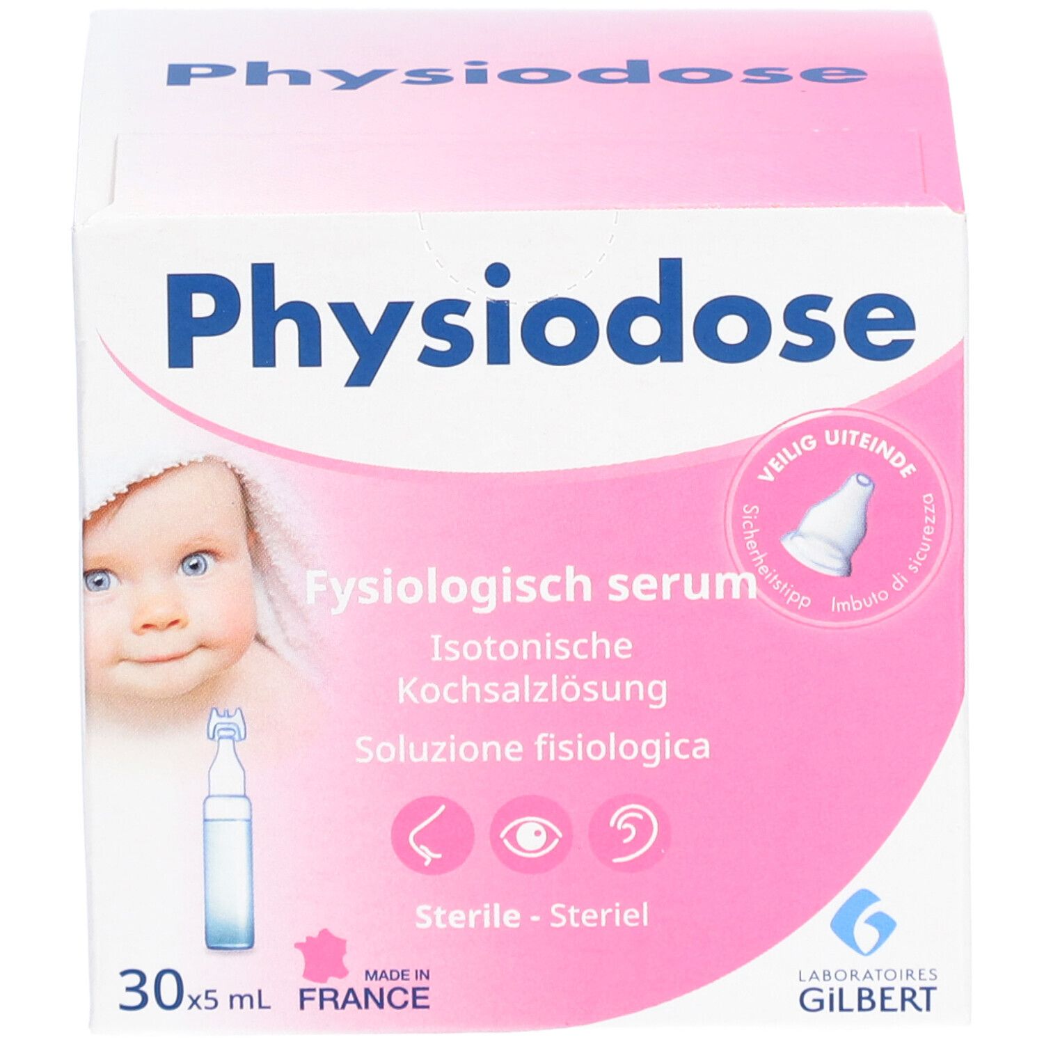 Boîte rose et blanche PHYSIODOSE. Contient 30 ampoules de 5 ml. Image d'un bébé. Inscriptions en allemand, français, italien.