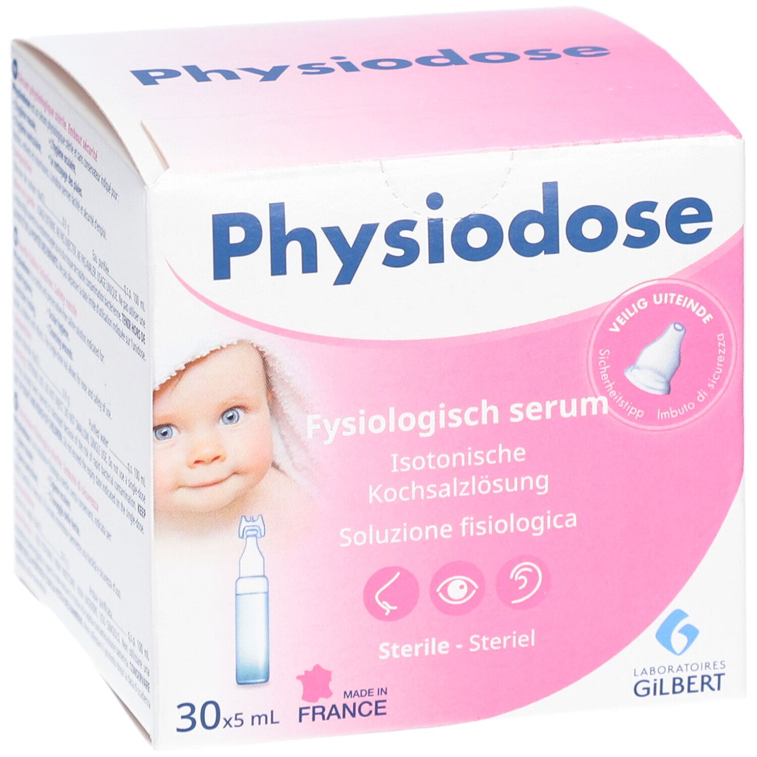 Boîte rose et blanche PHYSIODOSE. Contient 30 ampoules de 5 ml. Image d'un bébé. Inscriptions en allemand, français, italien.