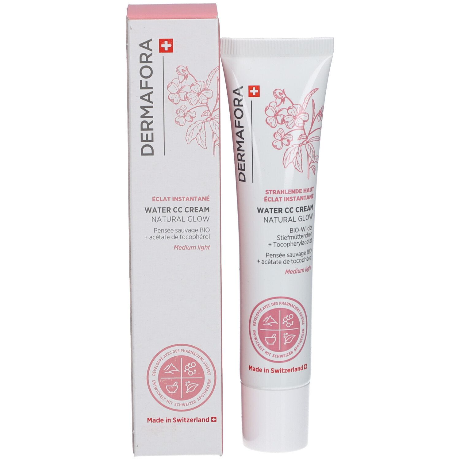 Emballage du produit: tube et boîte. Inscription: Dermafora, Water CC Cream Natural Glow. Croix suisse et motif floral.