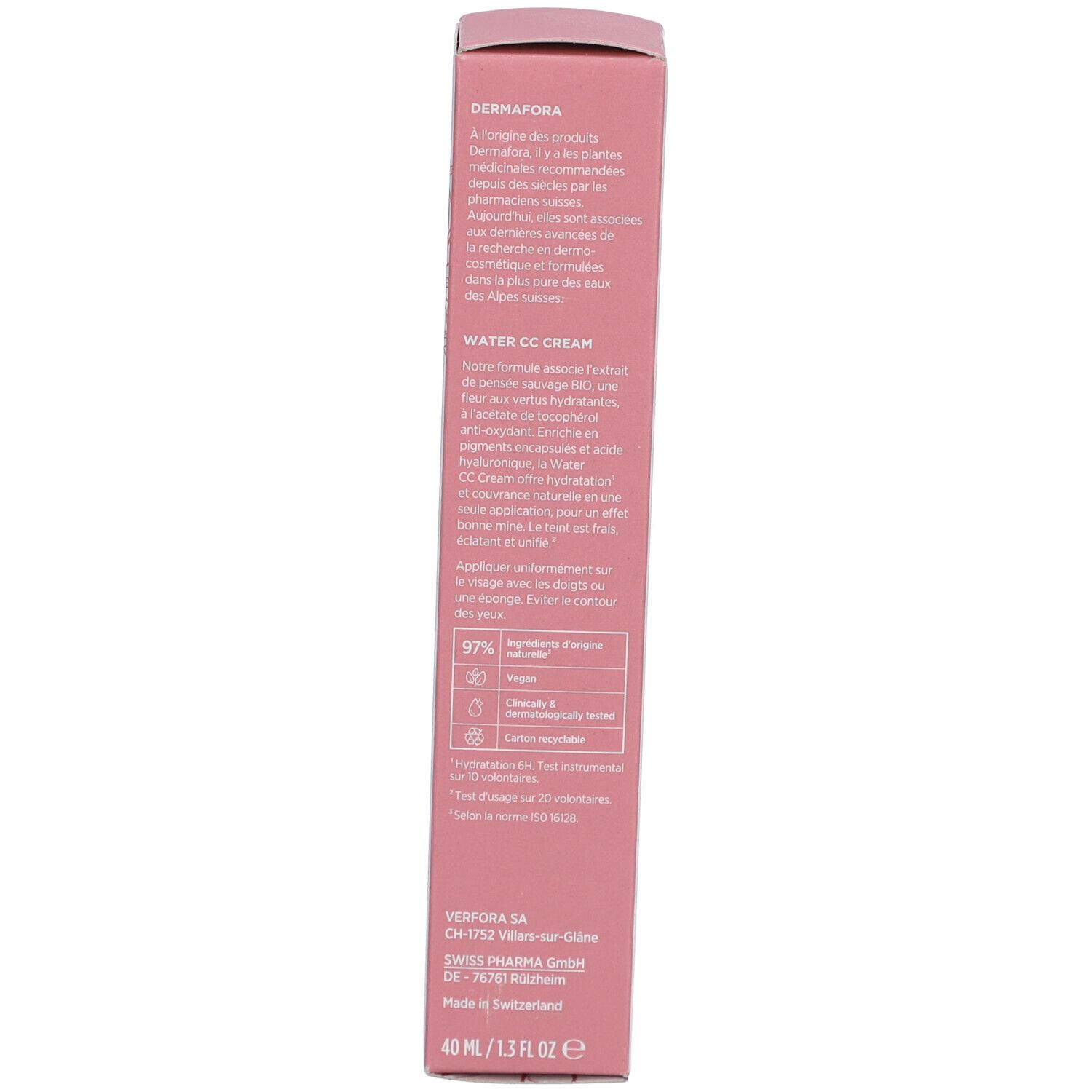 Dos de la boîte. Texte en français. Contient des informations sur les ingrédients et l'utilisation. Avec certifications.