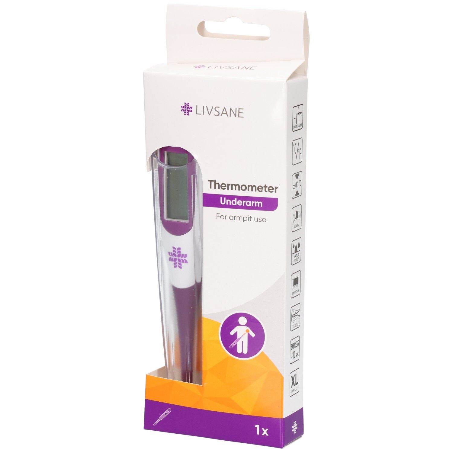 Thermomètre sous-bras LIVSANE. Emballage violet et blanc avec thermomètre numérique.
