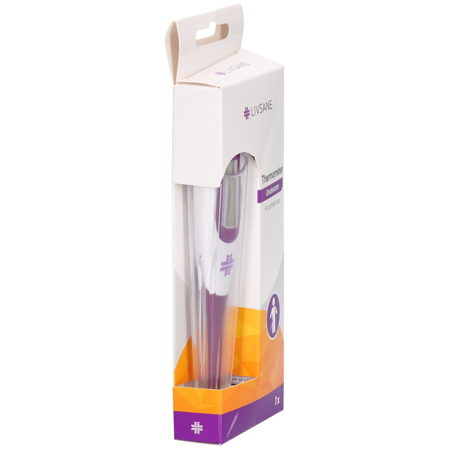 Thermomètre sous-bras LIVSANE. Emballage violet et blanc avec thermomètre numérique.
