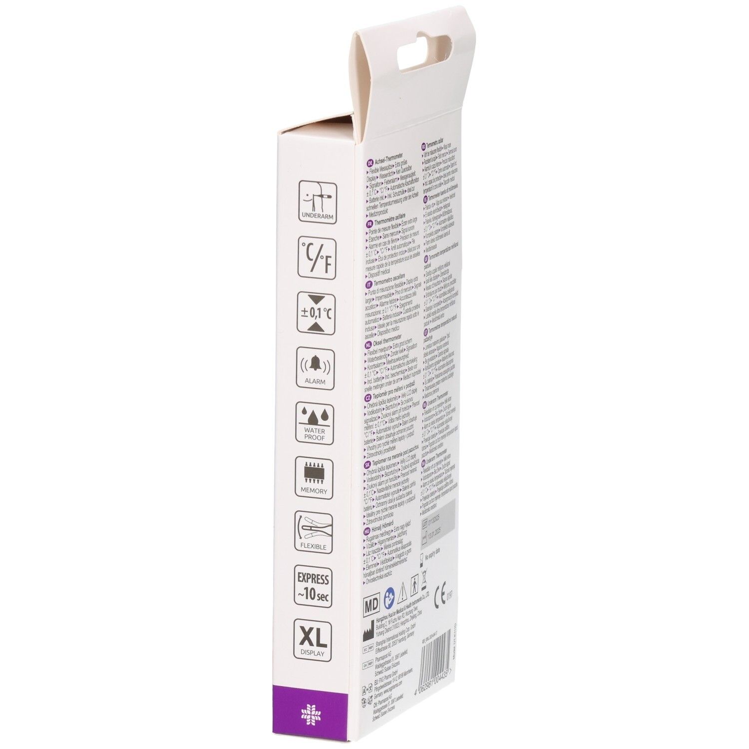 Emballage d'un thermomètre avec symboles pour la précision et la rapidité de mesure.