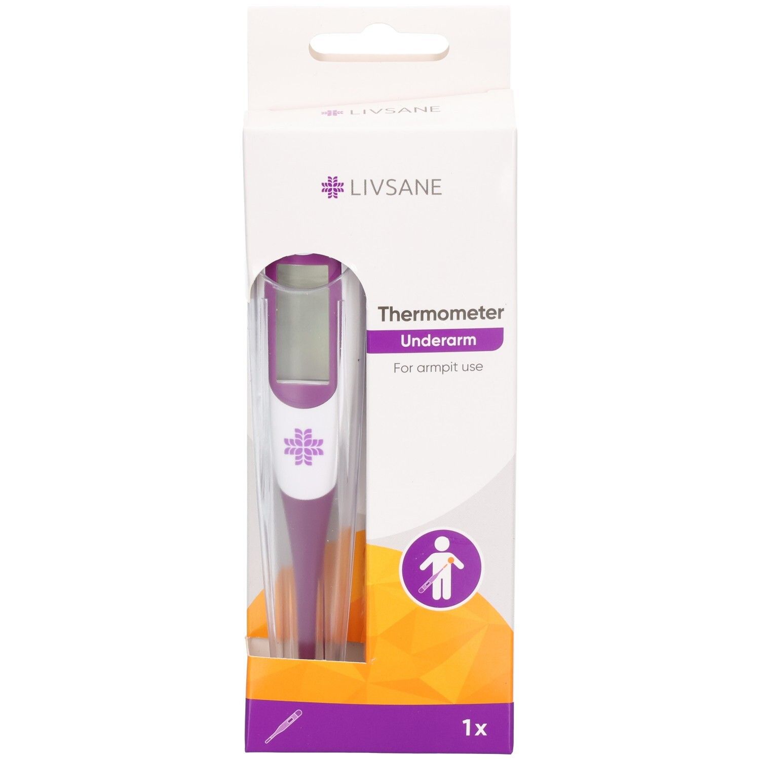 Thermomètre électronique violet et blanc, pour usage sous les aisselles.