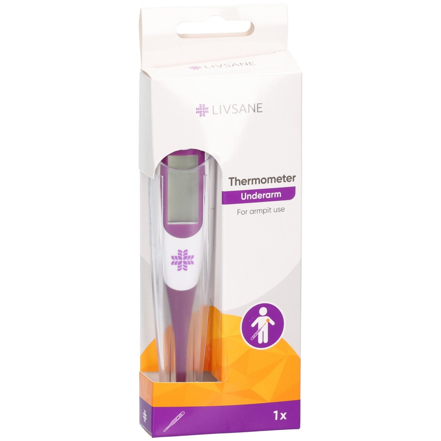 Thermomètre électronique violet et blanc, pour usage sous les aisselles.