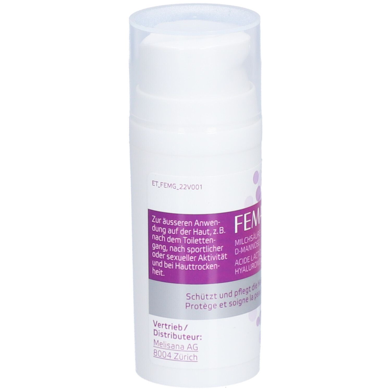 Distributeur blanc avec étiquette FEMAVIVA. Contient de l'acide lactique, de l'hyaluron et du D-mannose. Gel pour la zone intime externe.