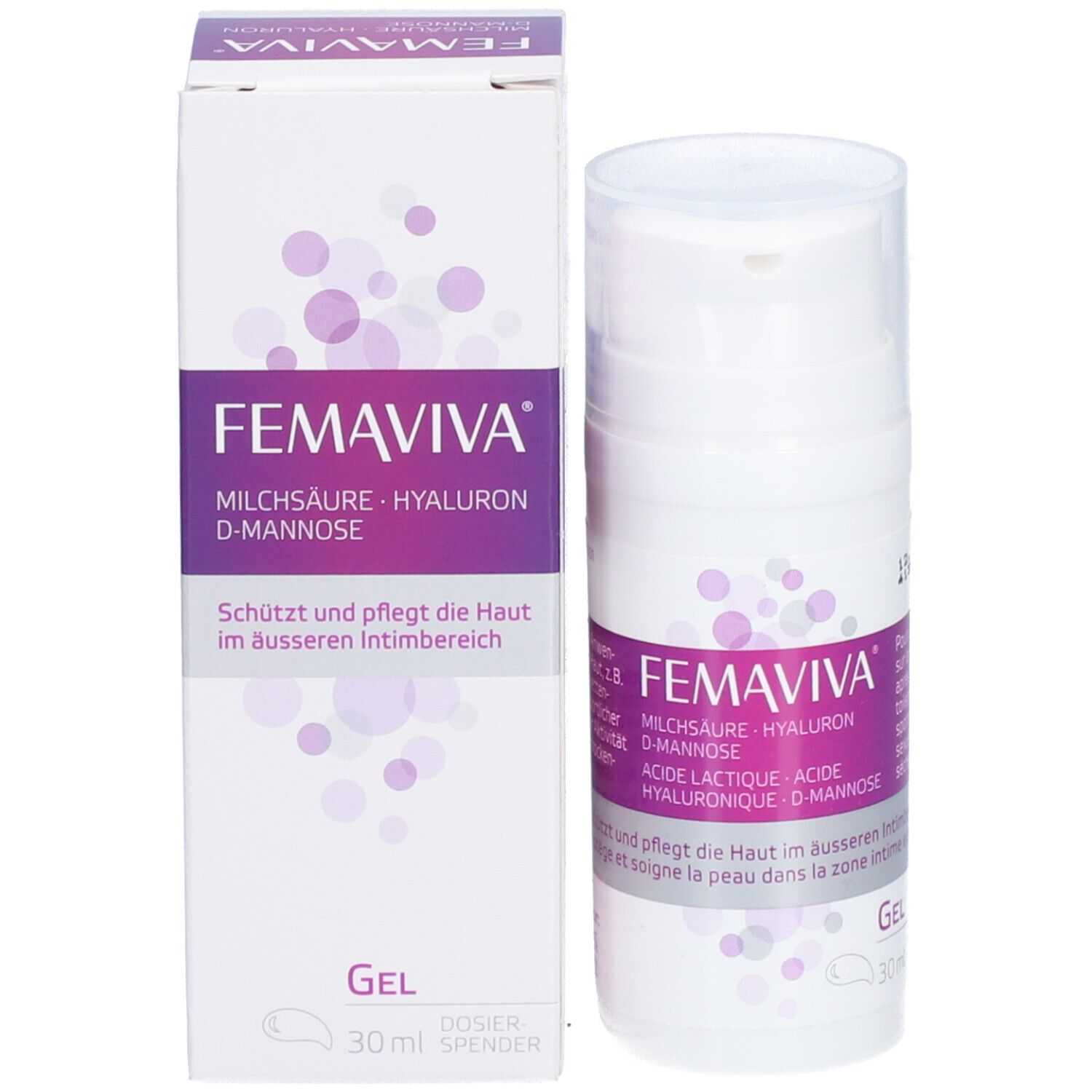 Distributeur et emballage de gel FEMAVIVA. Contient de l'acide lactique, de l'hyaluron et du D-mannose. Gel pour la zone intime externe.